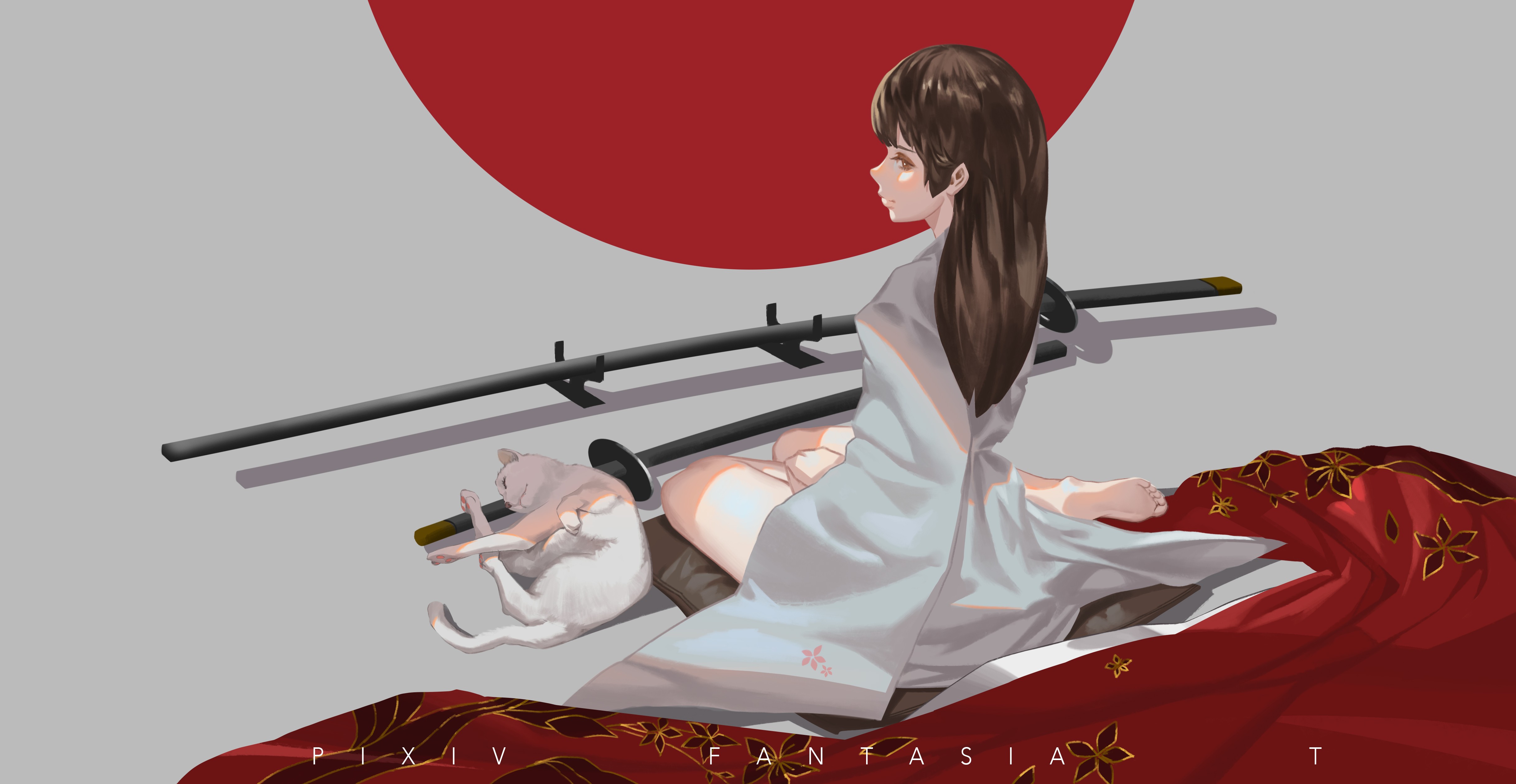 Anime 4873x2521 katana anime girls original characters Japanese clothes cats 2D brunette barefoot Pixiv Fantasia animals sitting long hair sword weapon women with swords