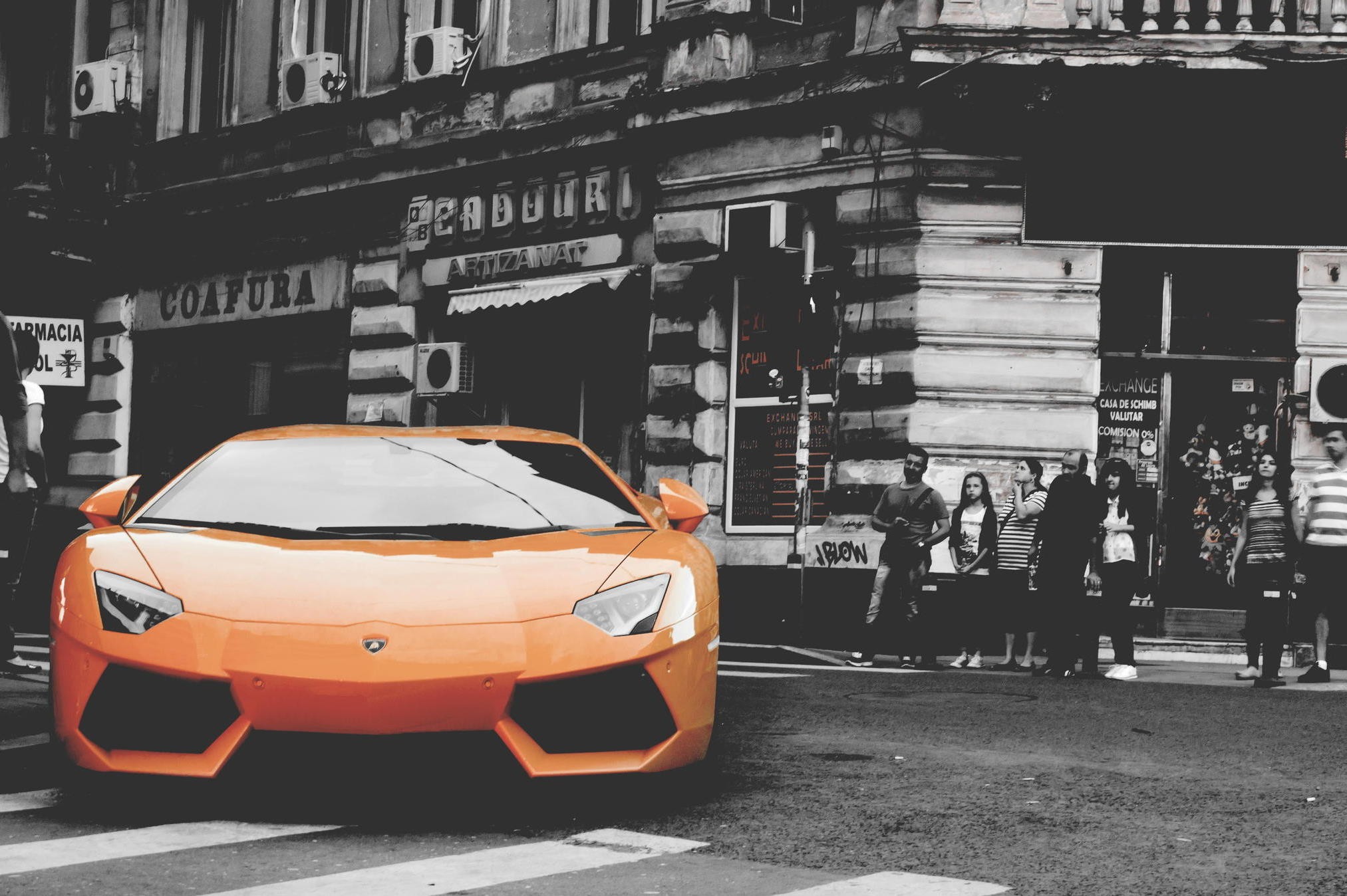 General 2025x1348 vehicle car orange cars Lamborghini selective coloring orange people urban street