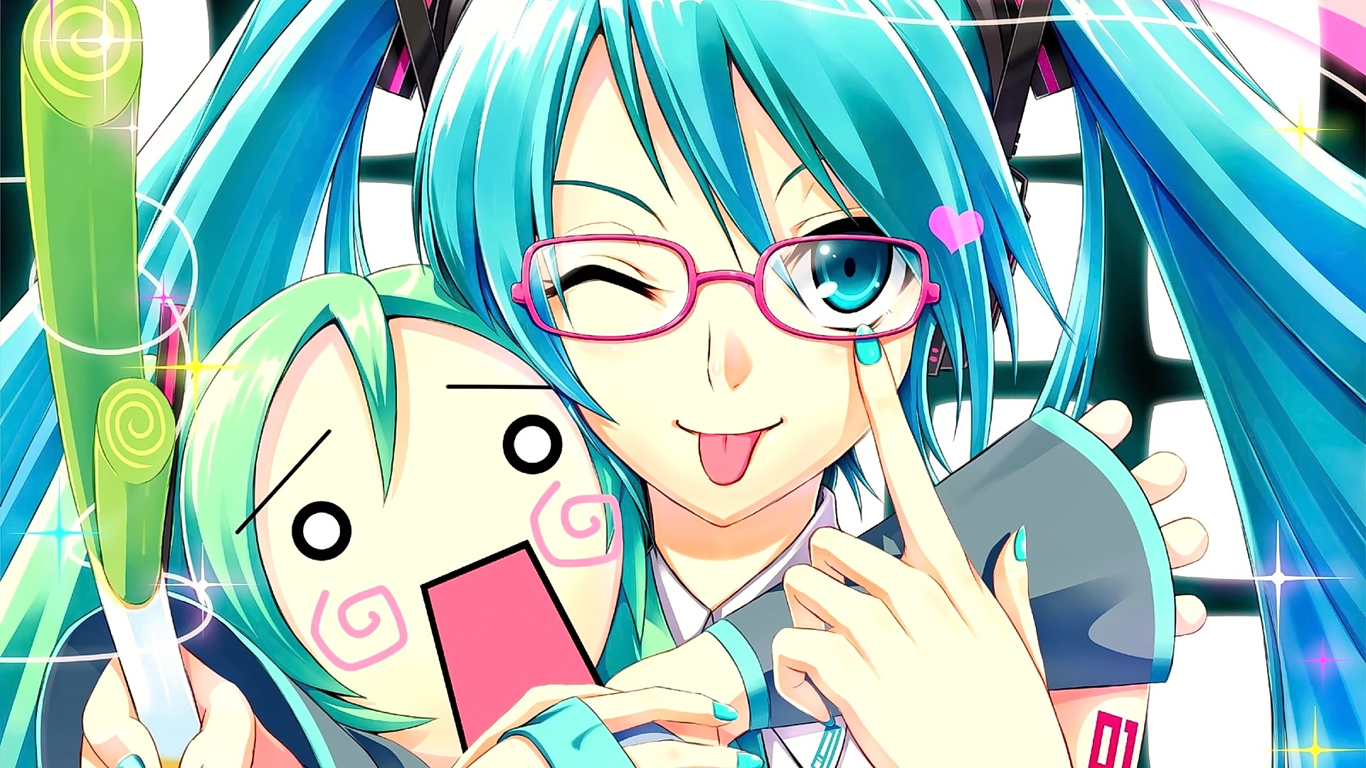 Anime 1920x1080 anime anime girls Vocaloid glasses Hatsune Miku cyan hair face closeup women with glasses cyan nails painted nails heart (design) tongues tongue out one eye closed blue eyes