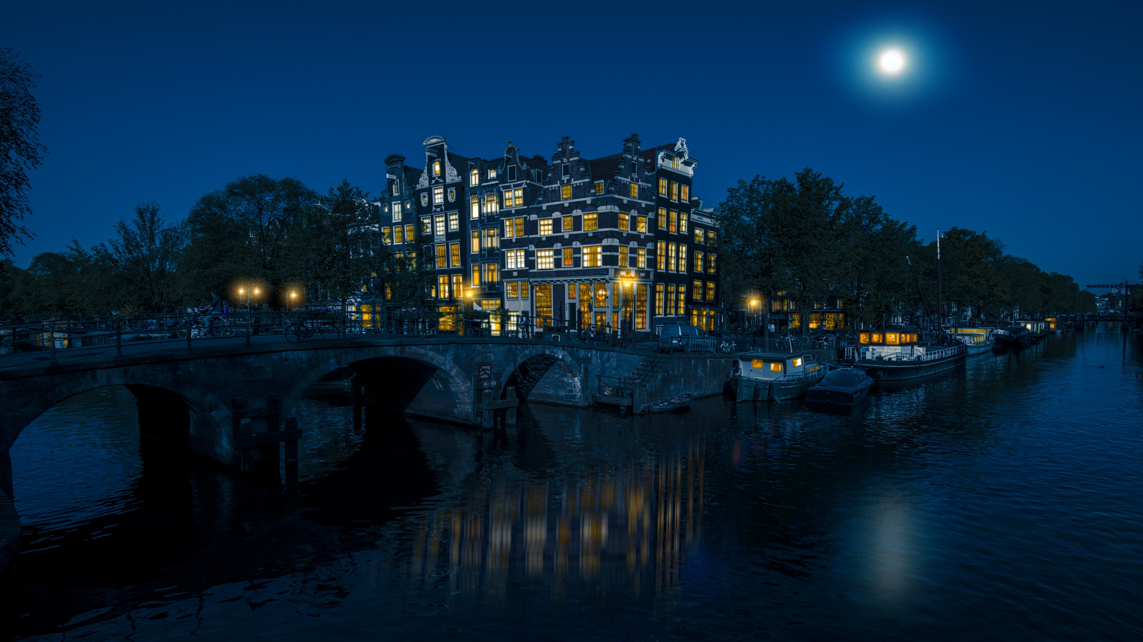 General 3840x2160 city cityscape architecture lights building bridge water river trees Amsterdam night Netherlands Moon moonlight reflection boat bicycle bar low light