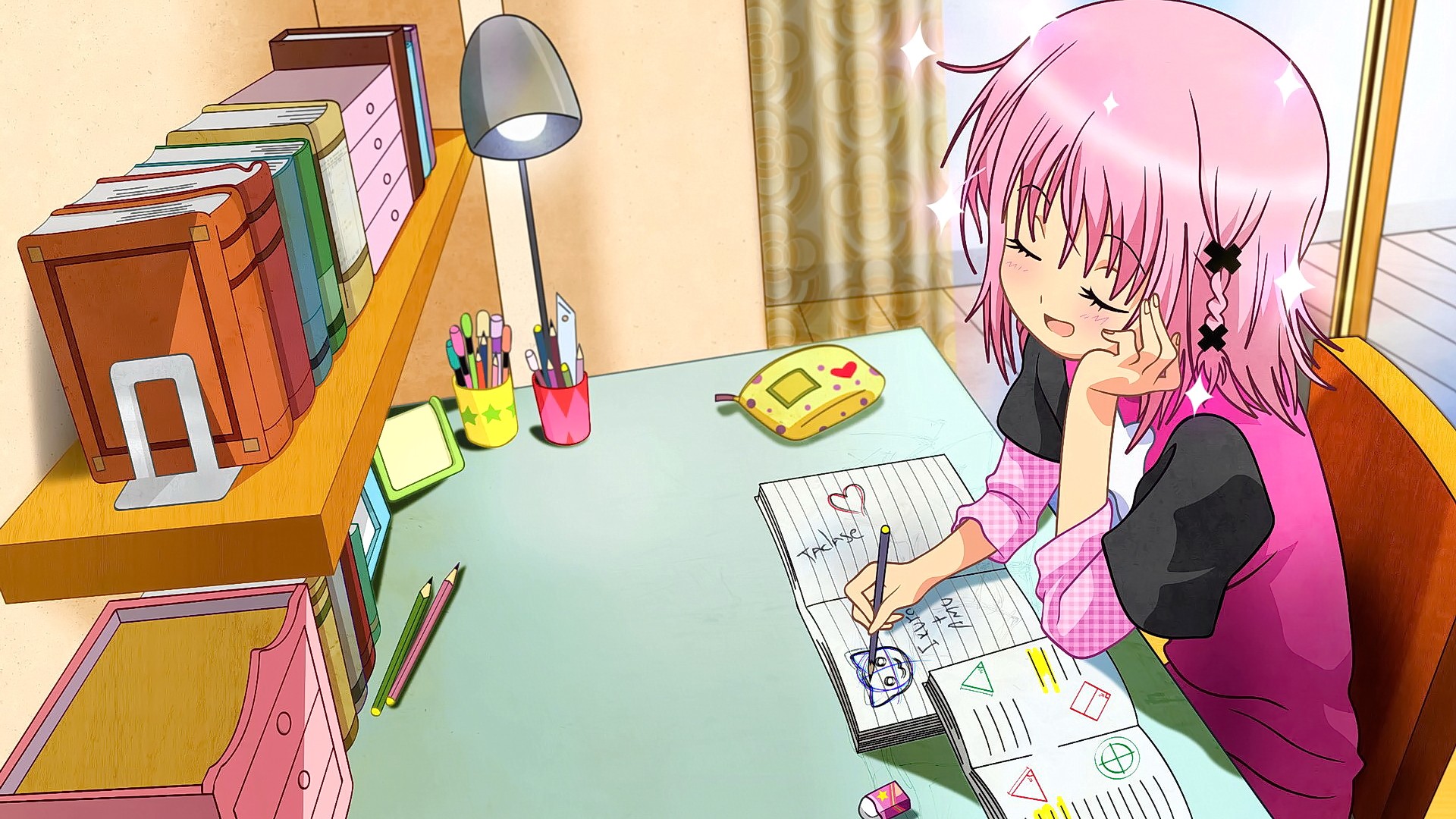 Anime 1920x1080 anime anime girls pink hair closed eyes smiling open mouth Shugo Chara indoors pencils desk lamp