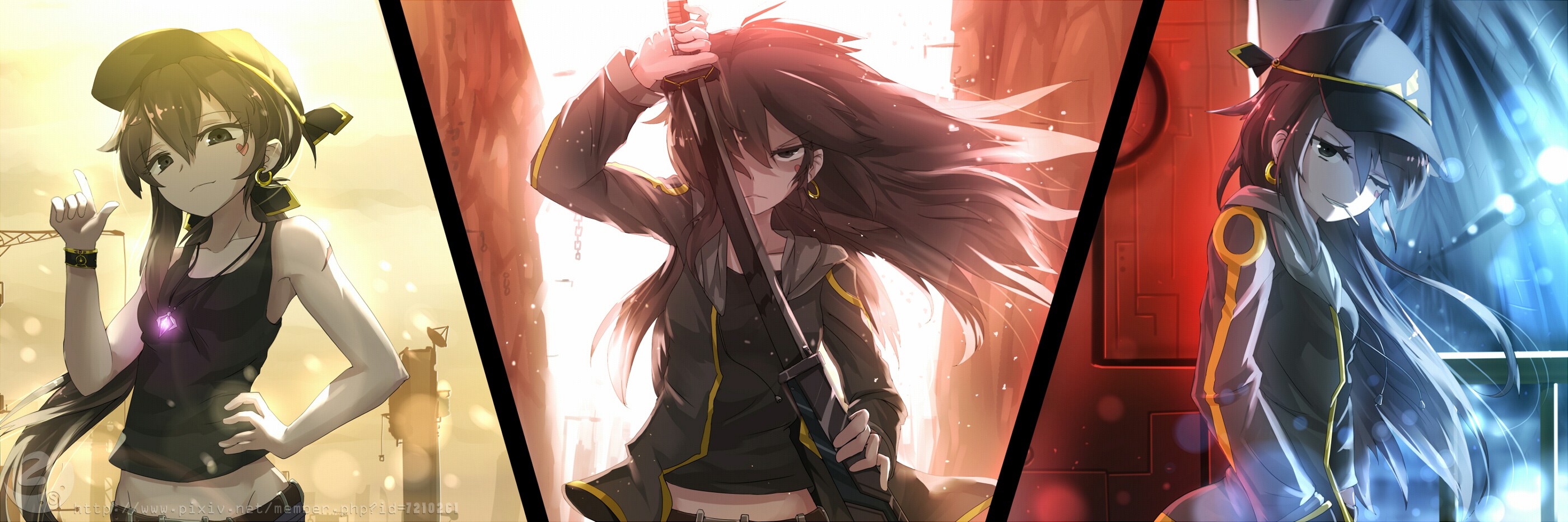 Anime 2800x933 anime anime girls collage sword long hair women looking at viewer hat women with swords earring hoop earrings women trio hands on hips one eye closed frown jacket necklace watermarked Bai Yemeng