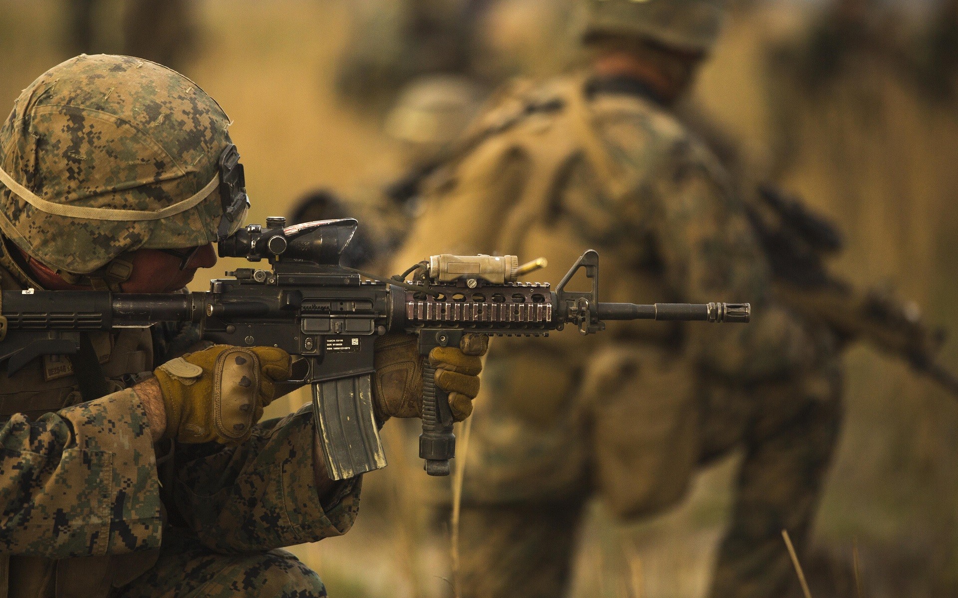 People 1920x1200 military rifles depth of field camouflage marines M4 ACOG men aiming weapon soldier carbine