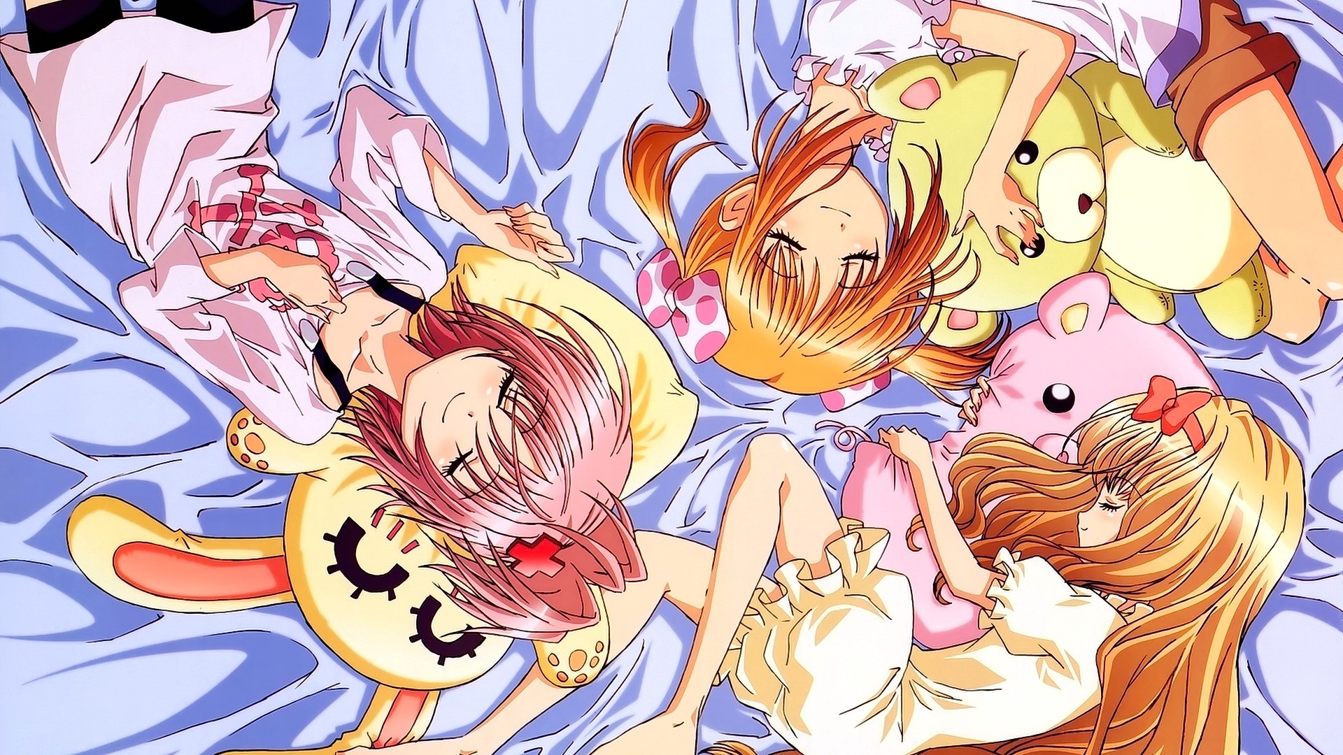 Anime 1920x1080 anime anime girls blonde closed eyes sleeping short hair long hair Shugo Chara Hinamori Amu women trio lying down teddy bears plush toy pink hair