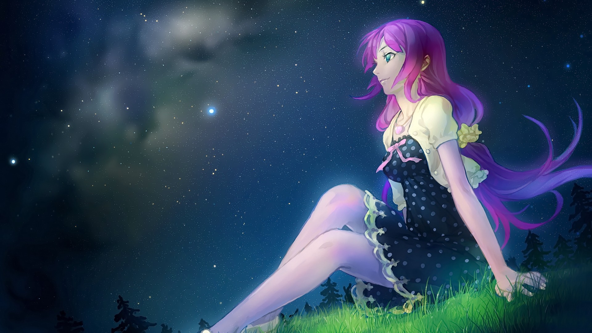 Anime 1920x1080 anime anime girls long hair blue eyes dress smiling looking away sitting purple hair sky stars legs