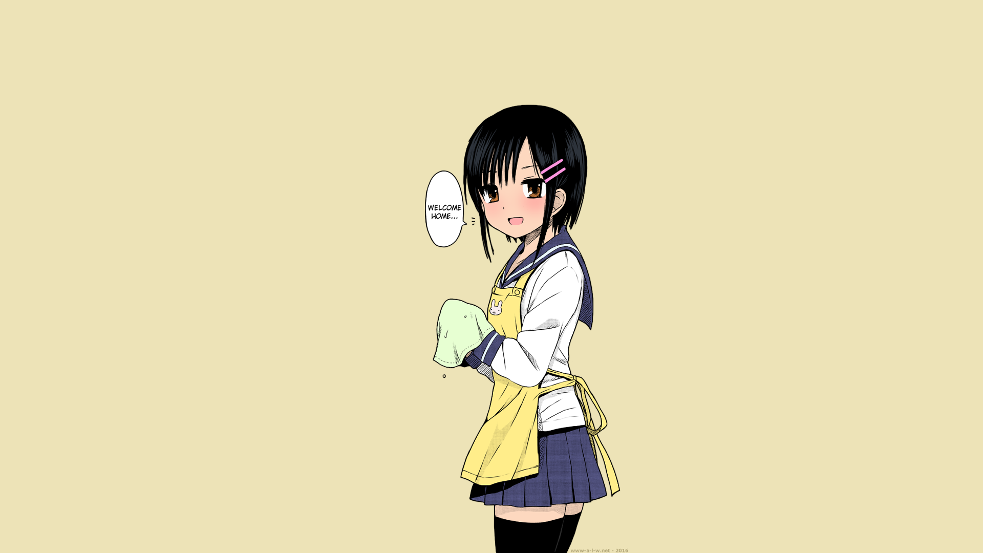 Anime 1920x1080 short hair black hair miniskirt school uniform schoolgirl apron smiling brown eyes stockings anime manga anime girls thigh-highs