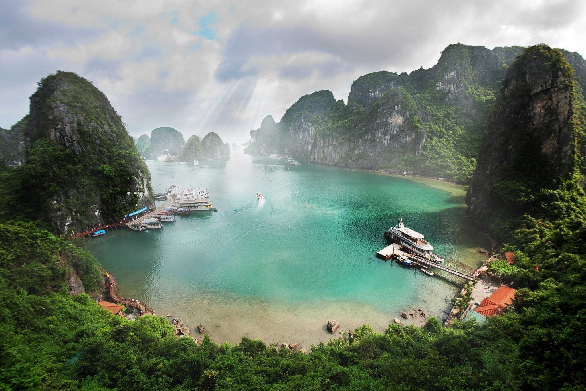 General 2048x1366 nature photography landscape beach tropical forest clouds sea ship boat sun rays rocks island Ha Long Bay Vietnam Asia