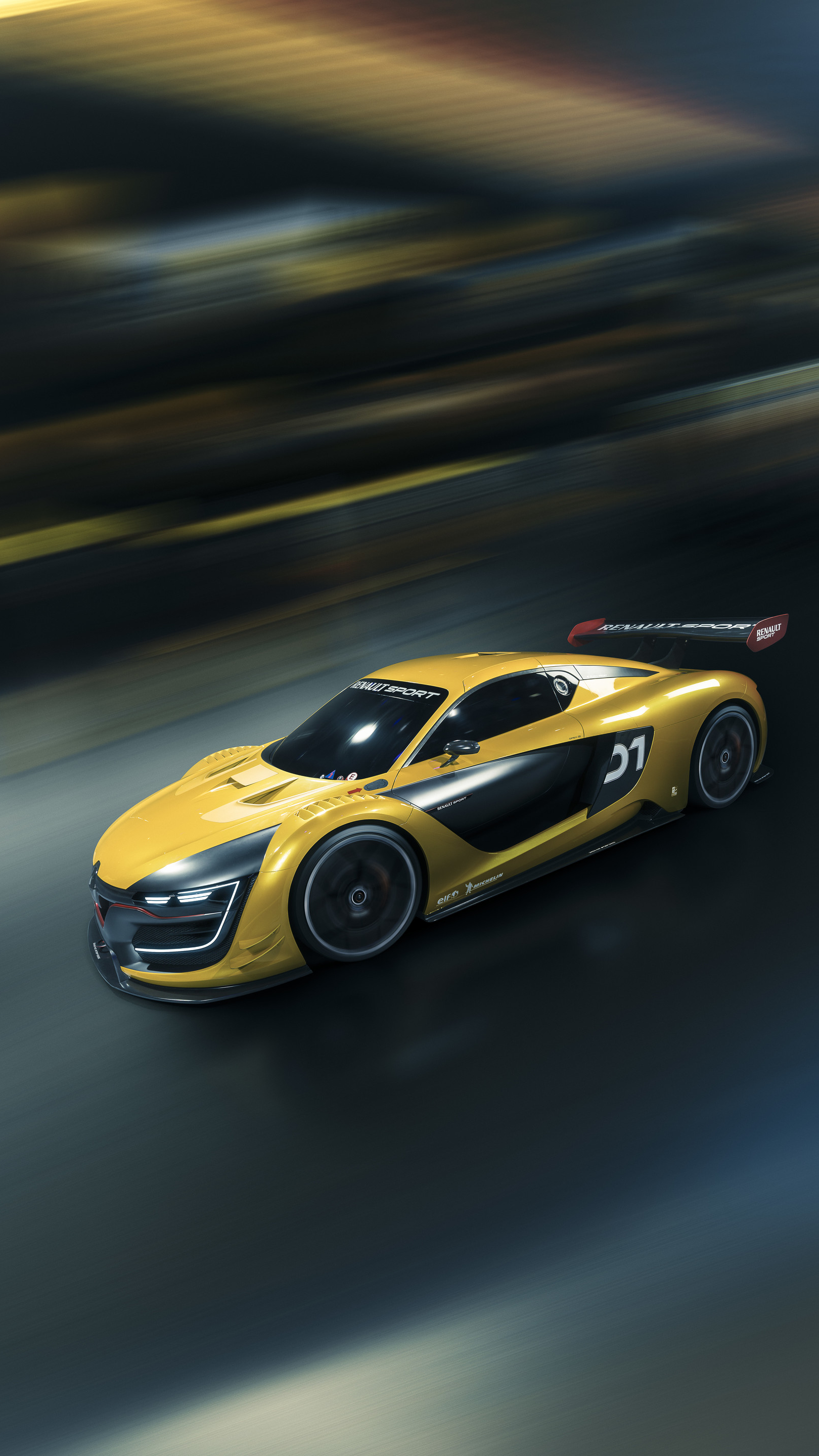 General 1620x2880 Renault Sport R.S. 01 car vehicle race cars motion blur race tracks portrait display Renault yellow cars French Cars car spoiler