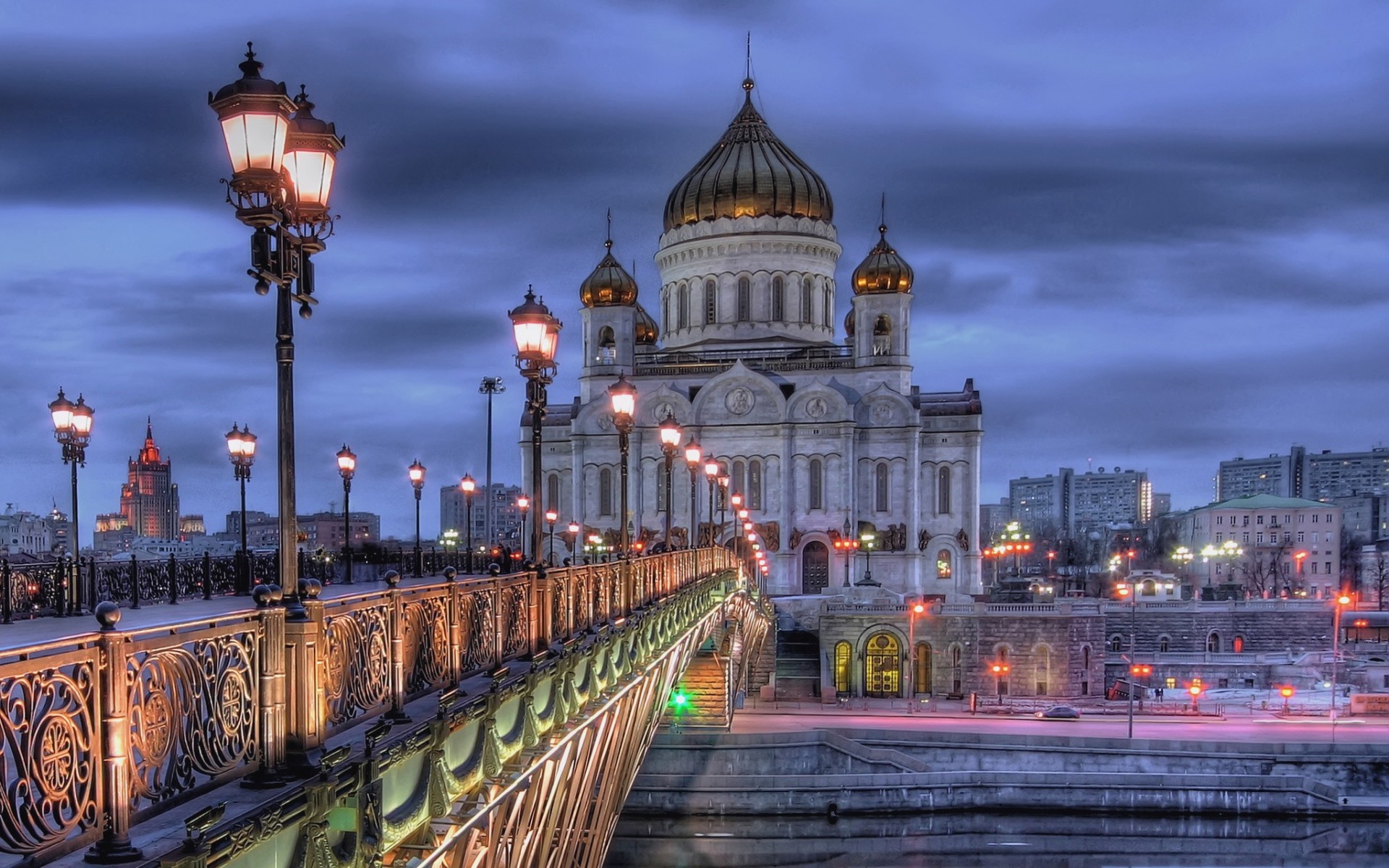 General 1920x1200 architecture building old building clouds Russia long exposure evening lights church cathedral street light HDR bridge Moscow city street river cityscape