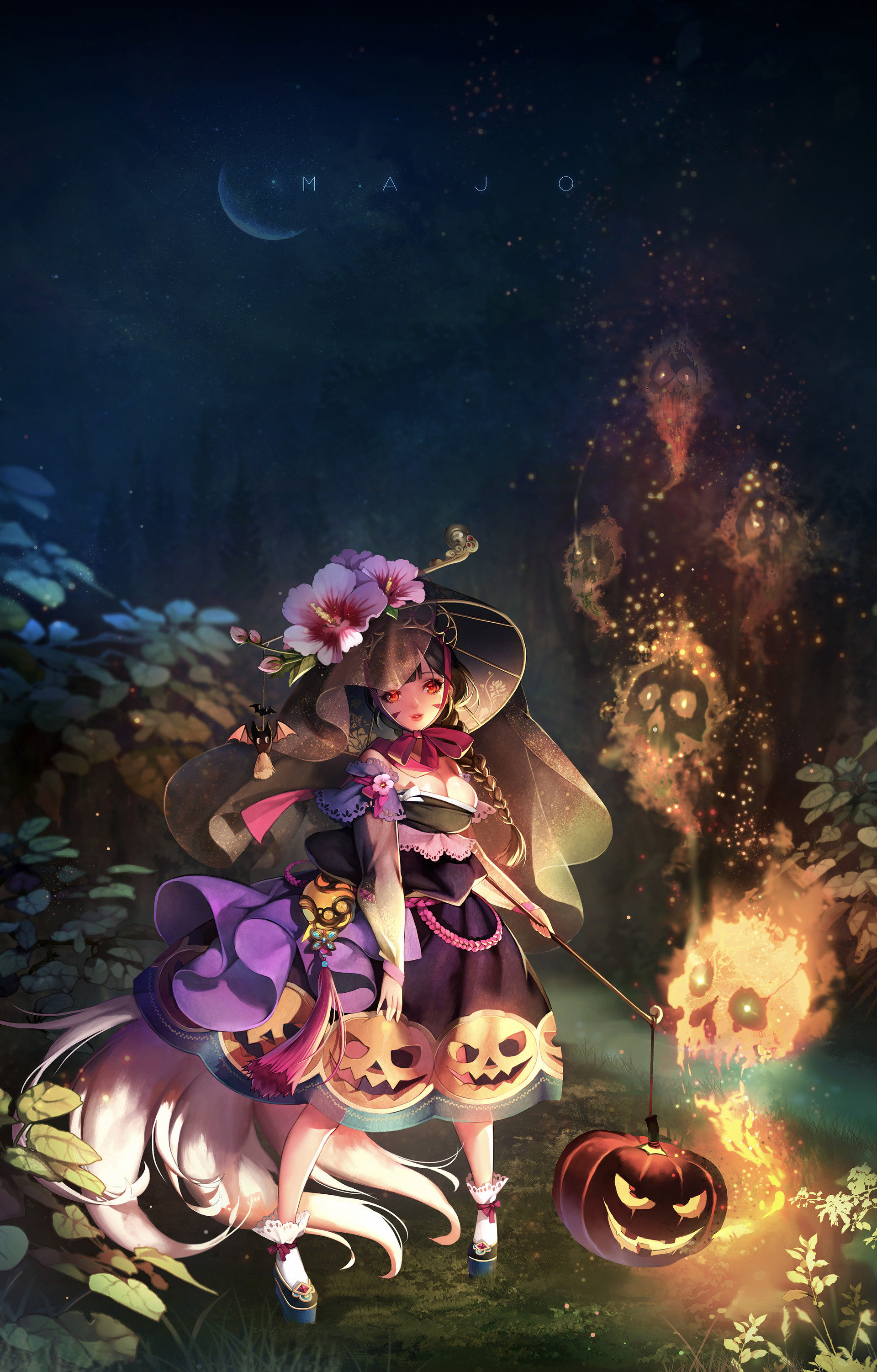 Anime 1920x3003 witch Halloween pumpkin