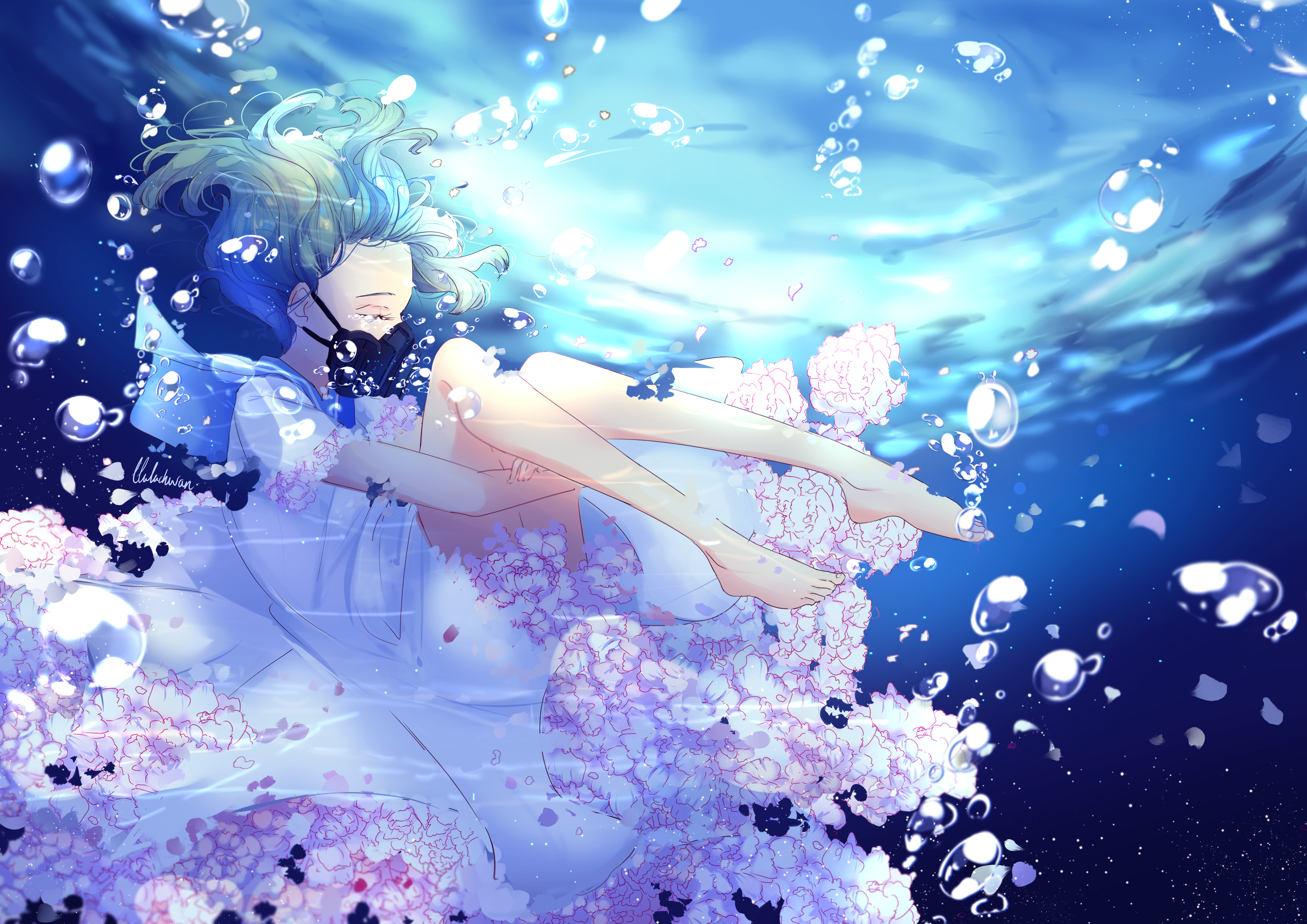 Anime 3507x2480 underwater flowers mask original characters