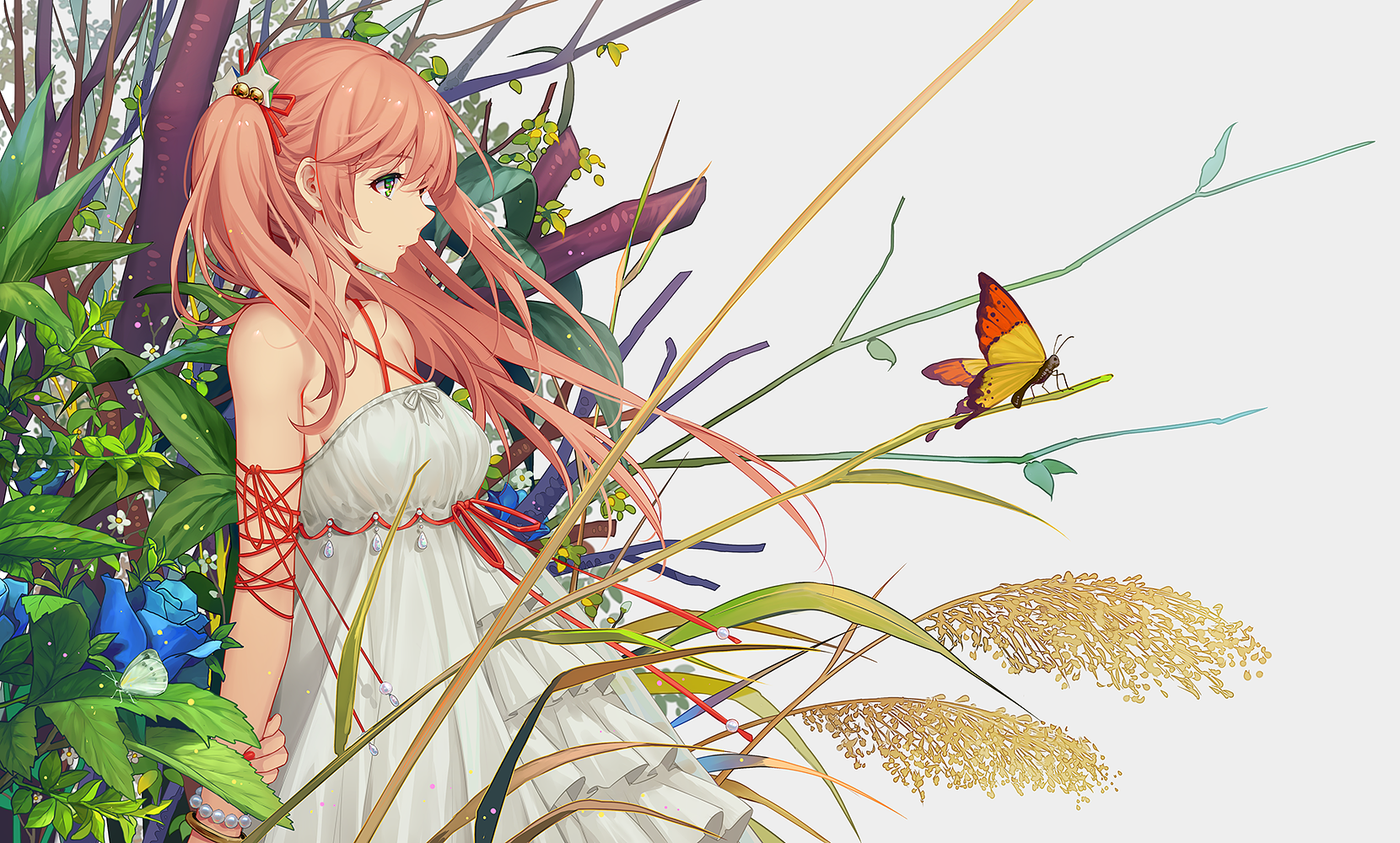 Anime 1660x1000 nature butterfly white background forest anime girls no bra sun dress Tidsean