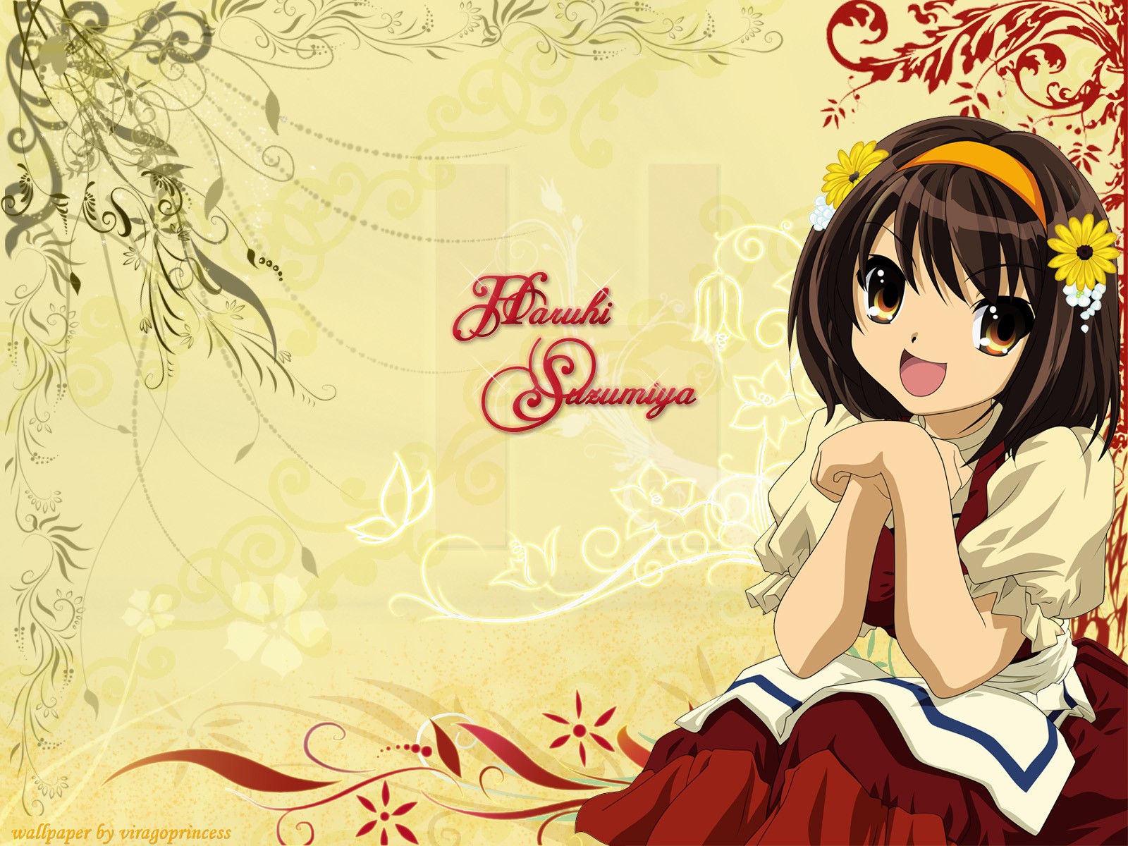 Anime 1600x1200 anime The Melancholy of Haruhi Suzumiya anime girls open mouth flower in hair