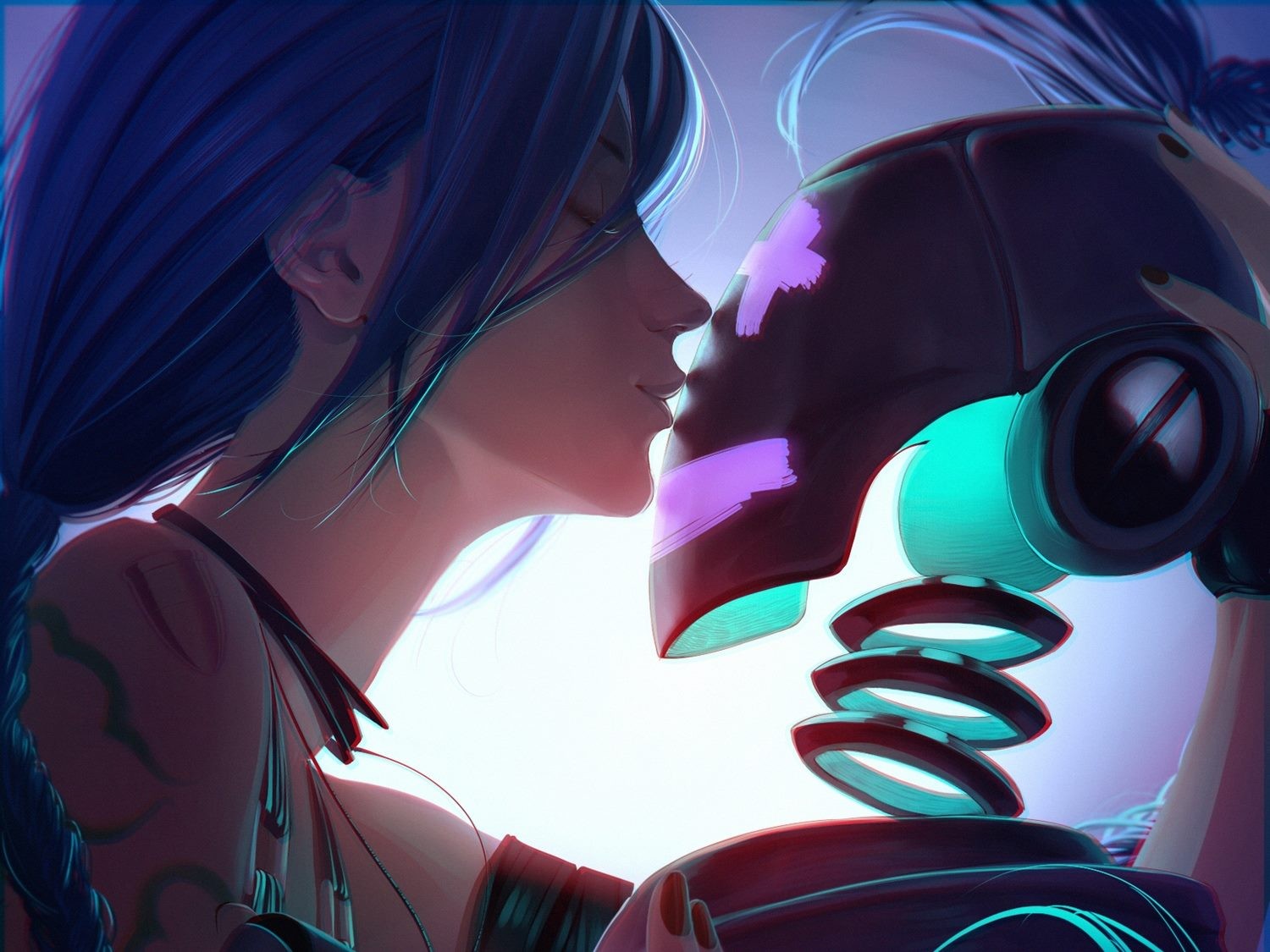 Anime 1500x1125 anime anime girls video games blue hair long hair Jinx (League of Legends) League of Legends video game characters face profile video game girls PC gaming kissing closed eyes