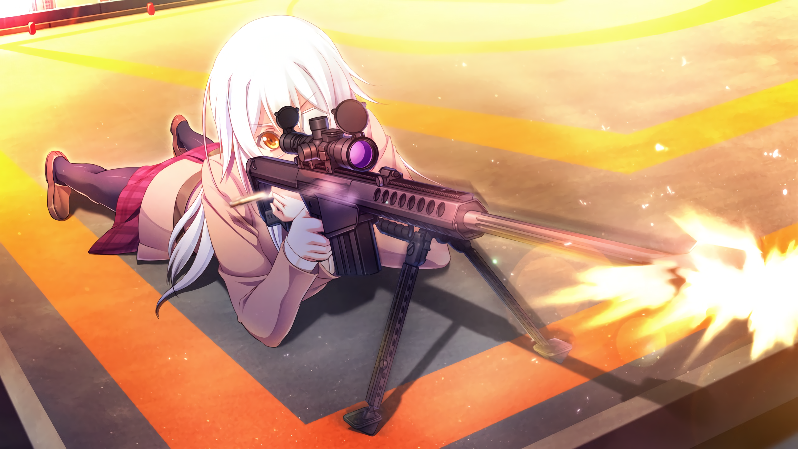 Anime 2560x1440 anime anime girls Innocent Bullet Miyasu Sanae long hair white hair orange eyes sniper rifle weapon school uniform eyepatches Oosaki Shin'ya