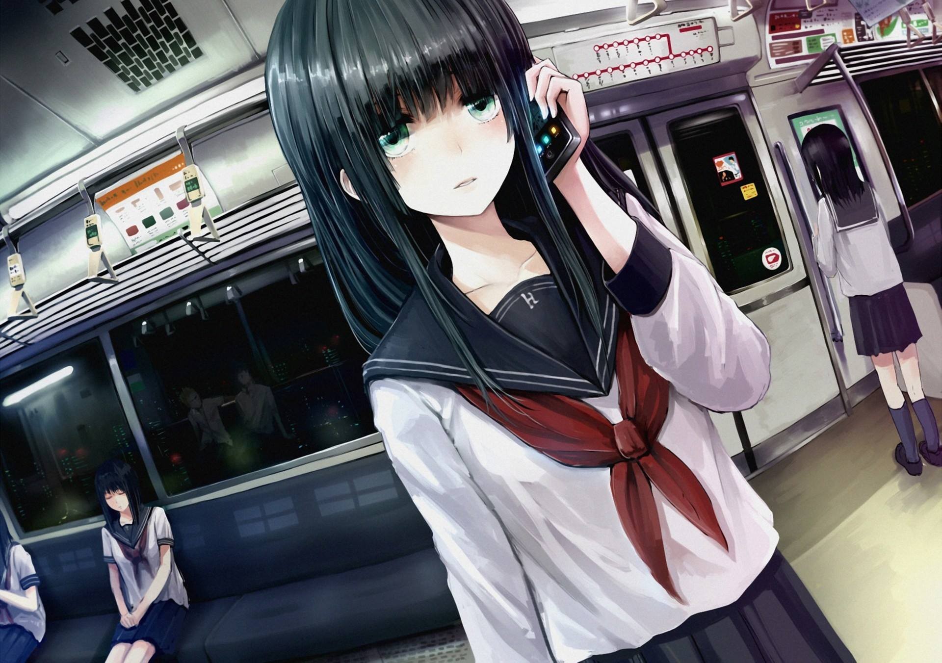 Anime 1920x1352 anime girls dark hair smartphone train anime green eyes