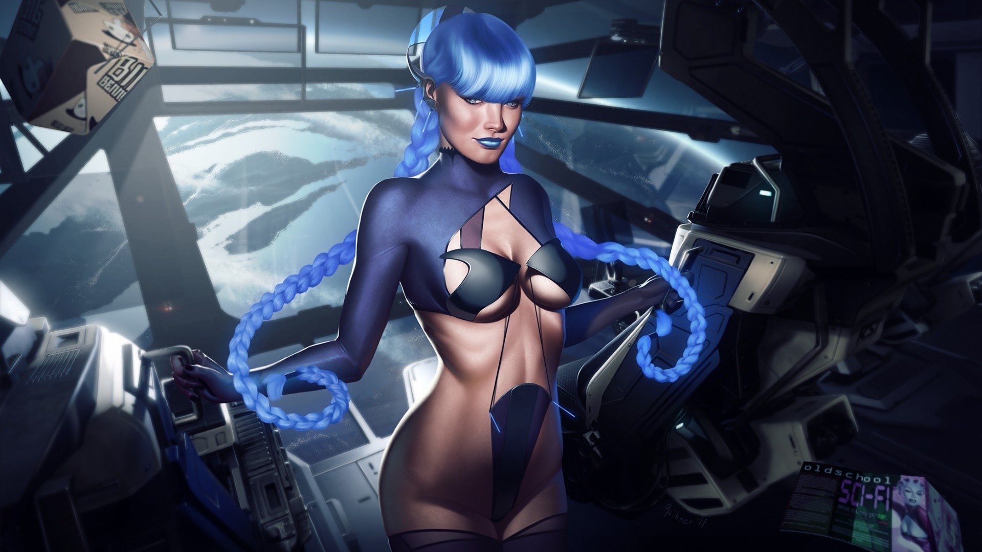 General 1920x1080 spaceship science fiction boobs women artwork blue hair Star Citizen video game characters