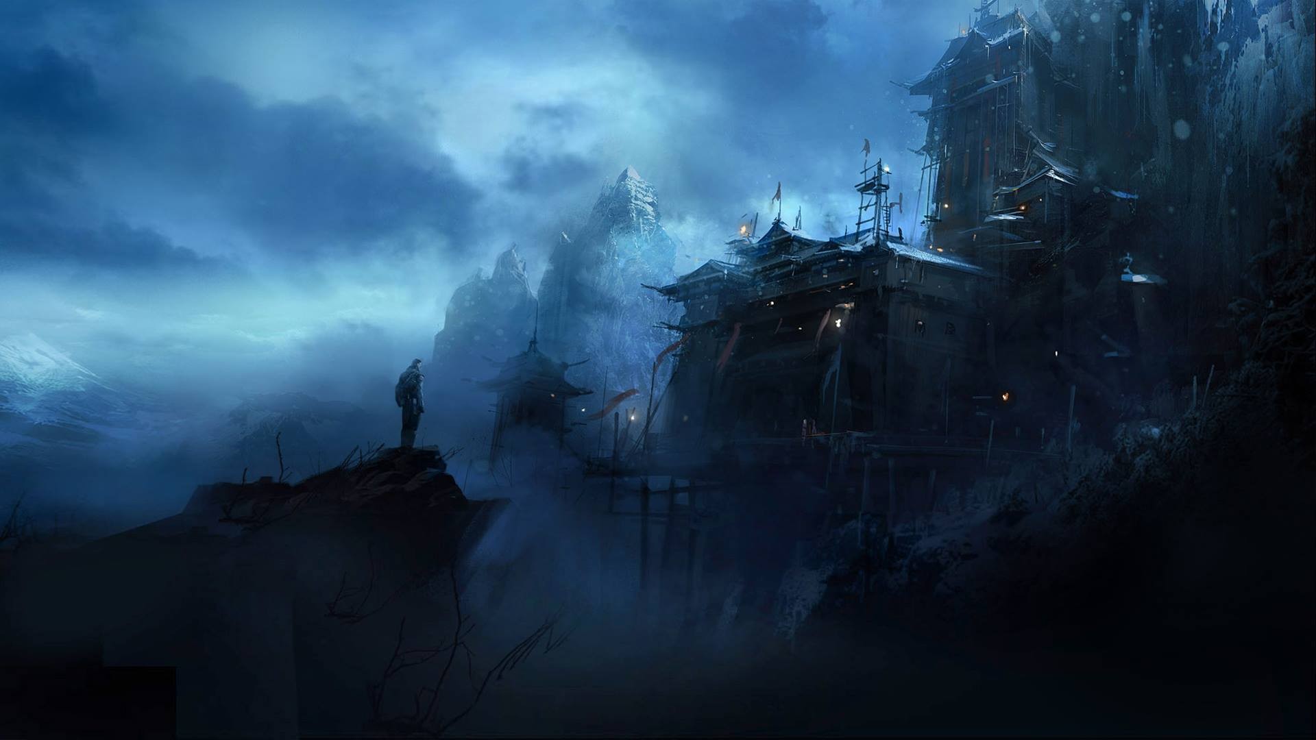 General 1920x1080 night mist fantasy art castle dark artwork blue