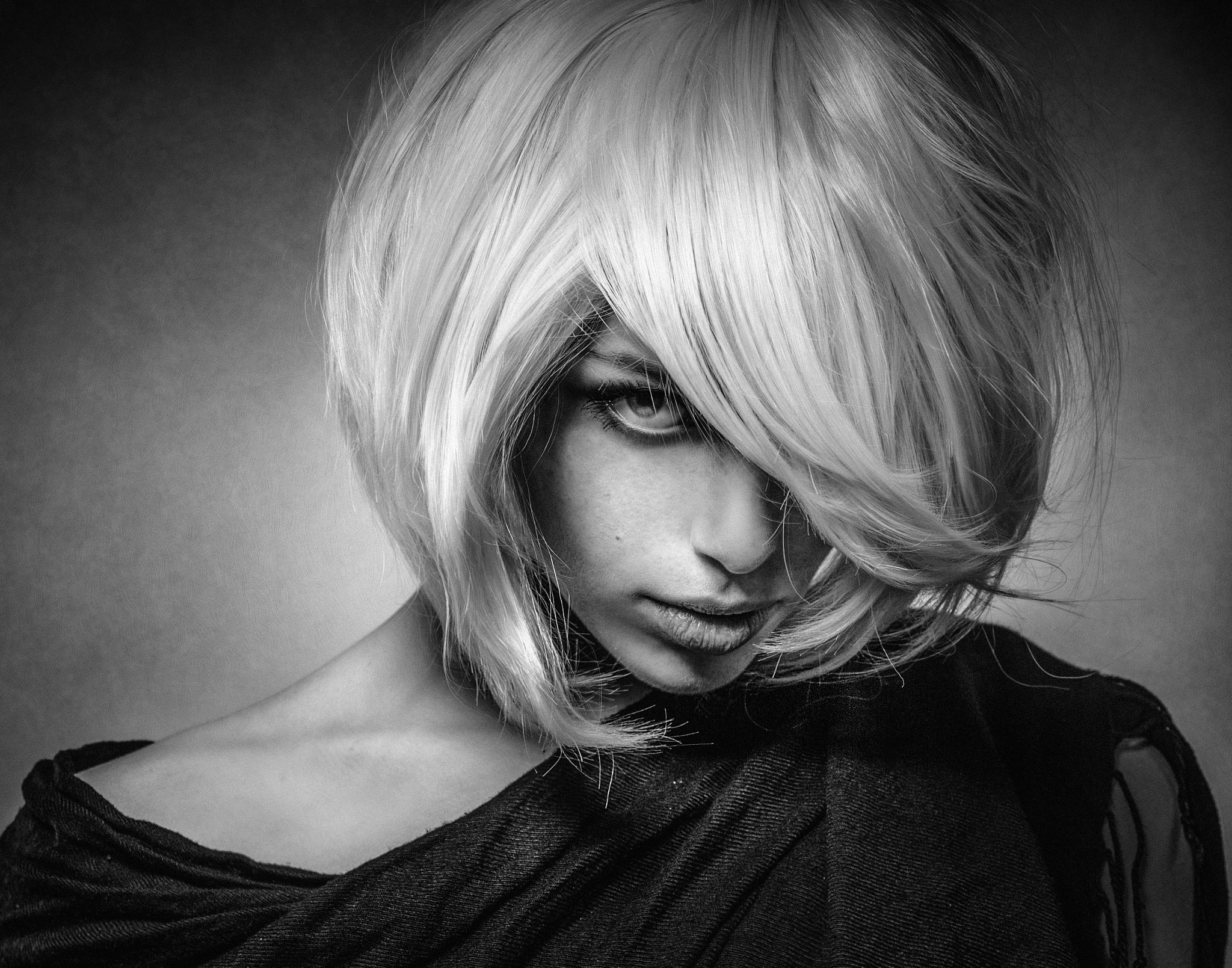 People 2048x1609 Joachim Bergauer monochrome face women model 500px portrait hair in face women indoors indoors studio simple background looking at viewer