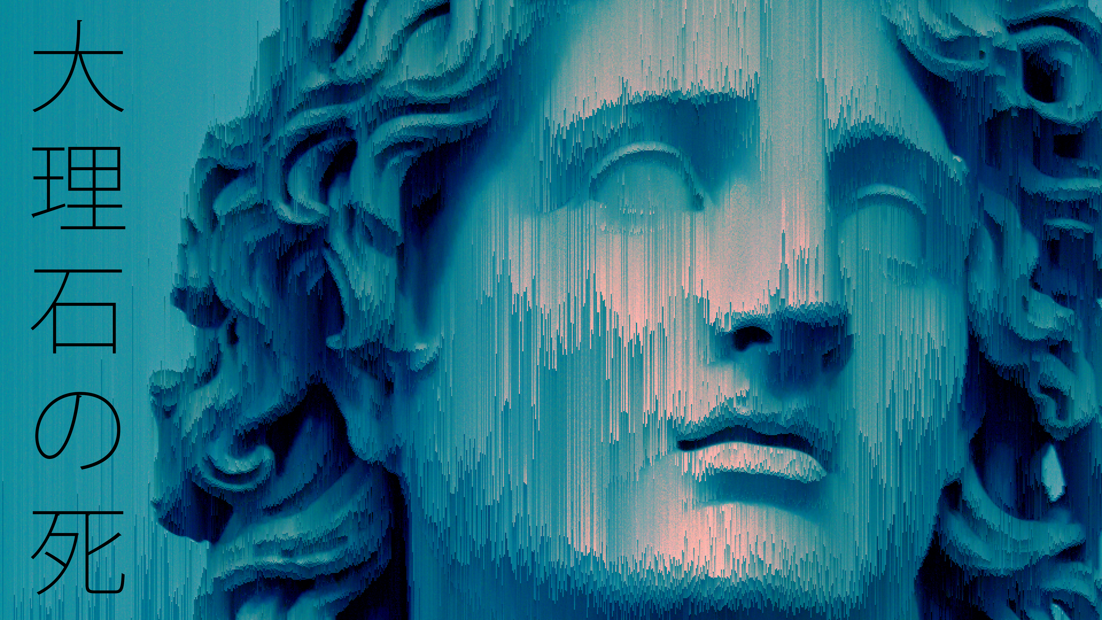 General 3840x2160 statue glitch art vaporwave face blue closeup digital art