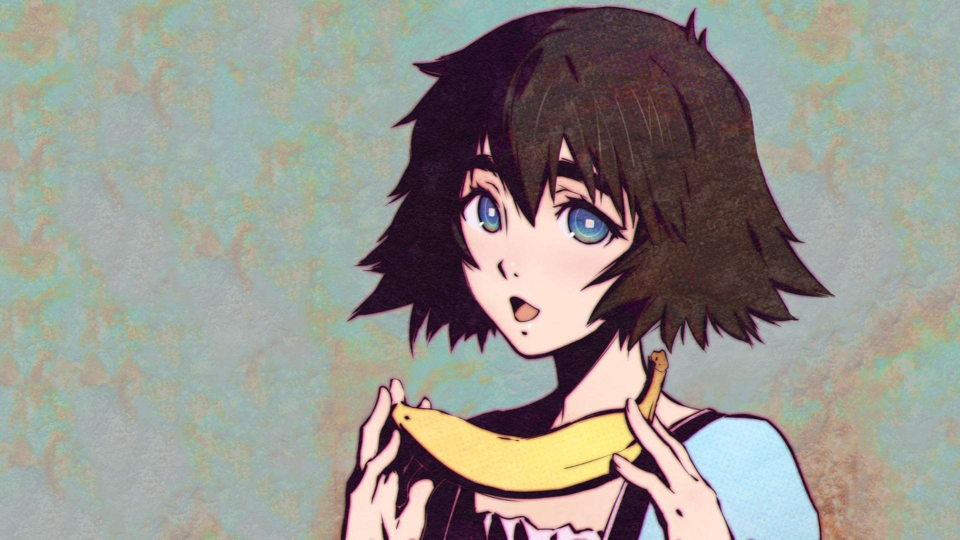 Anime 1920x1080 Steins;Gate Shiina Mayuri anime girls anime open mouth brunette bananas food fruit