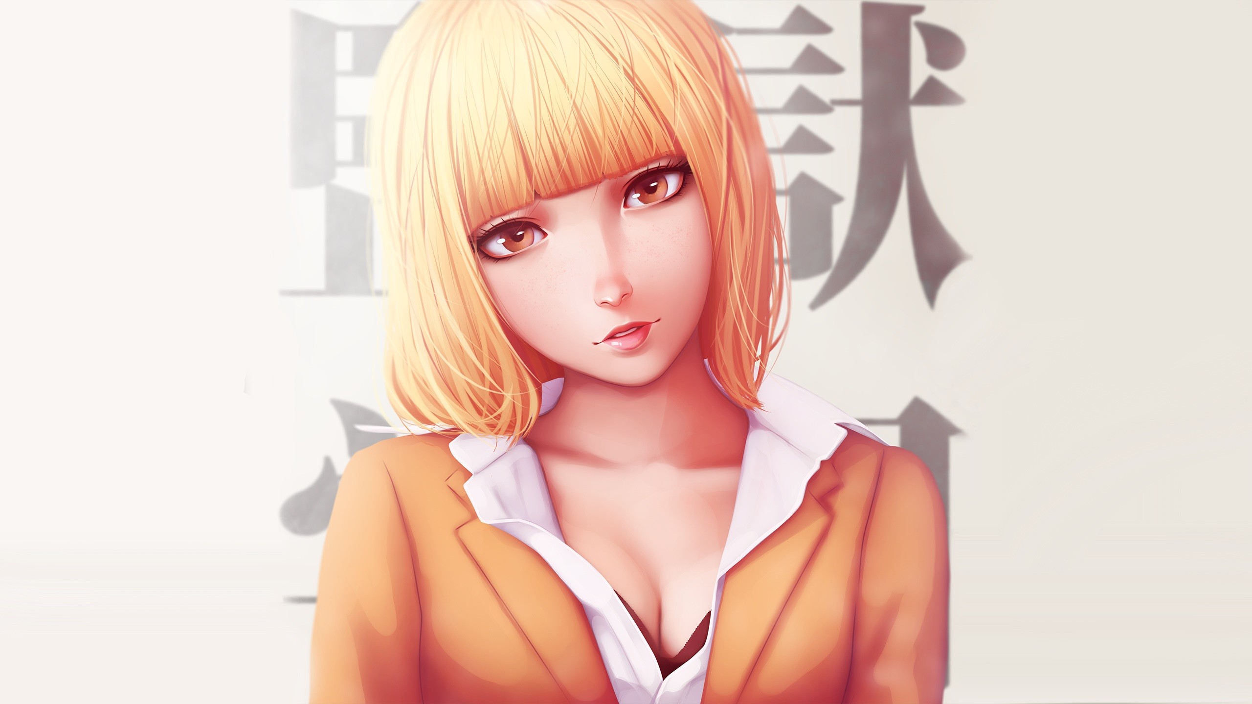 Anime 2560x1440 anime anime girls Prison School Midorikawa Hana blonde women face Pixiv closeup portrait looking at viewer shoulder length hair white background