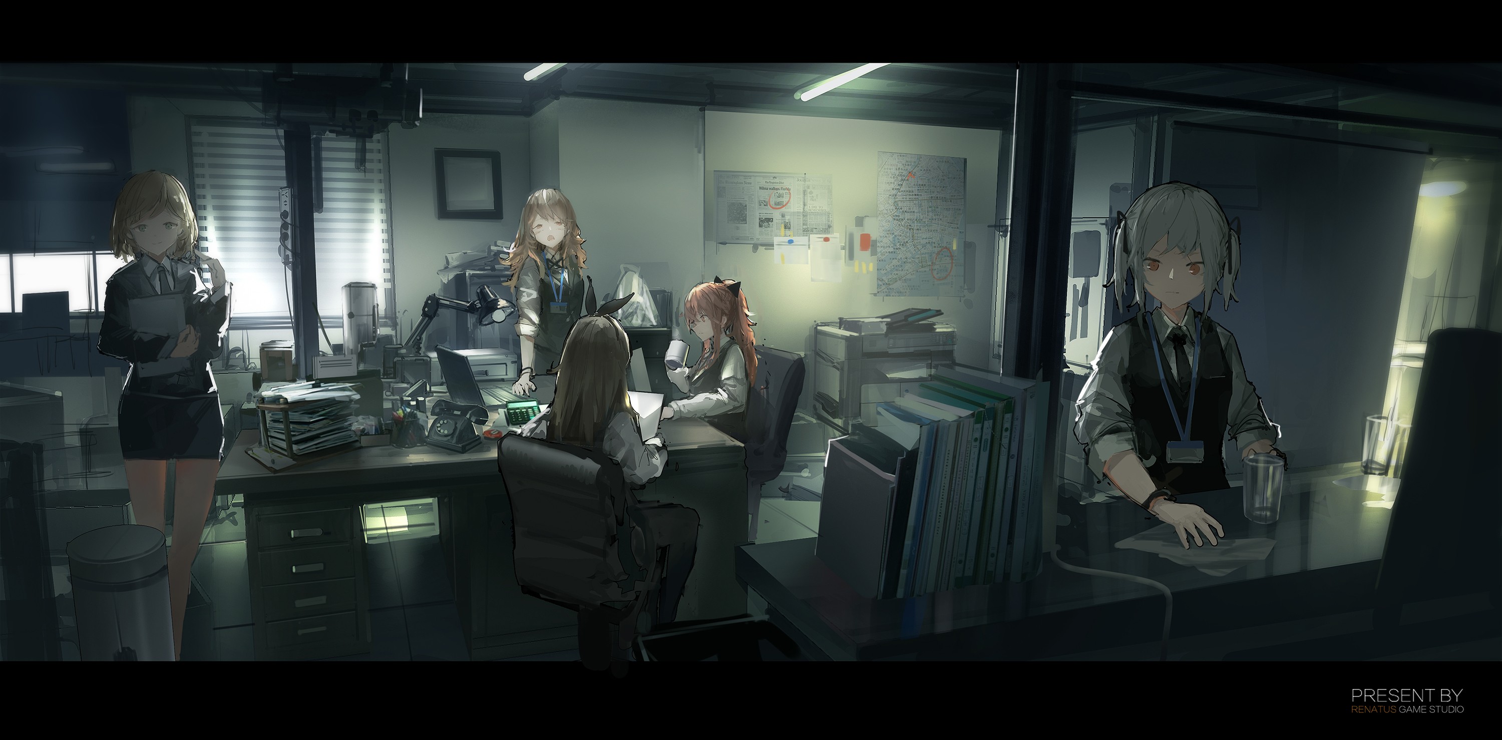 Anime 3000x1478 anime anime girls office long hair short hair work group of women women indoors Pixiv phone lamp drinking glass cup chair sitting standing indoors