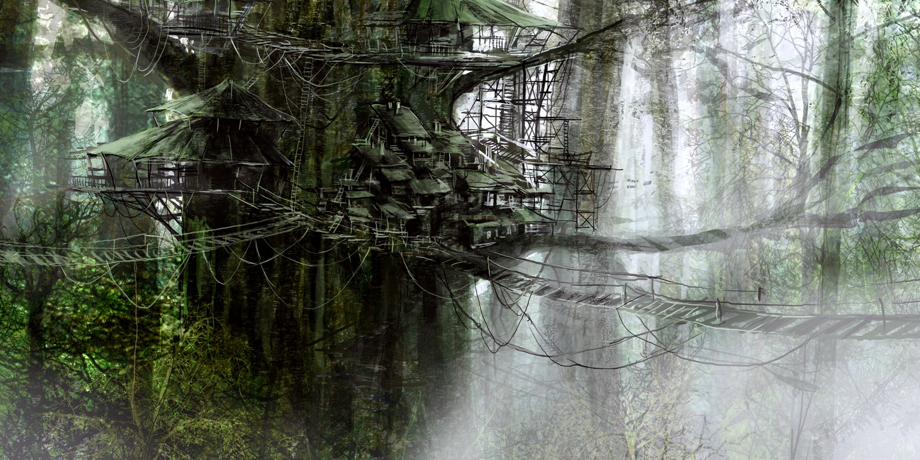 General 1800x900 trees plants ropes tree house village digital art fantasy art artwork house