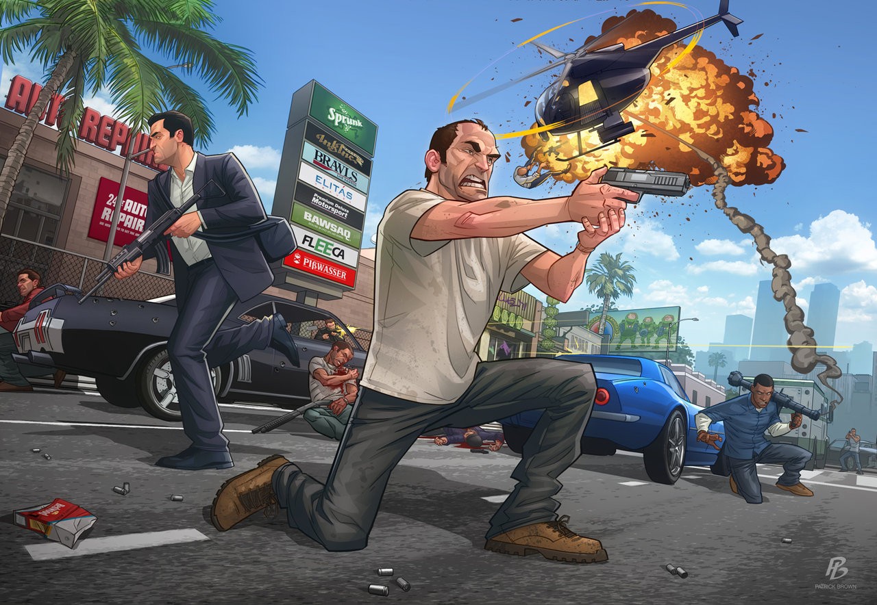 General 1280x884 Grand Theft Auto V Patrick Brown video game art weapon explosion city Trevor Philips helicopters car street rocket launchers video games PC gaming video game men video game characters crime gangster
