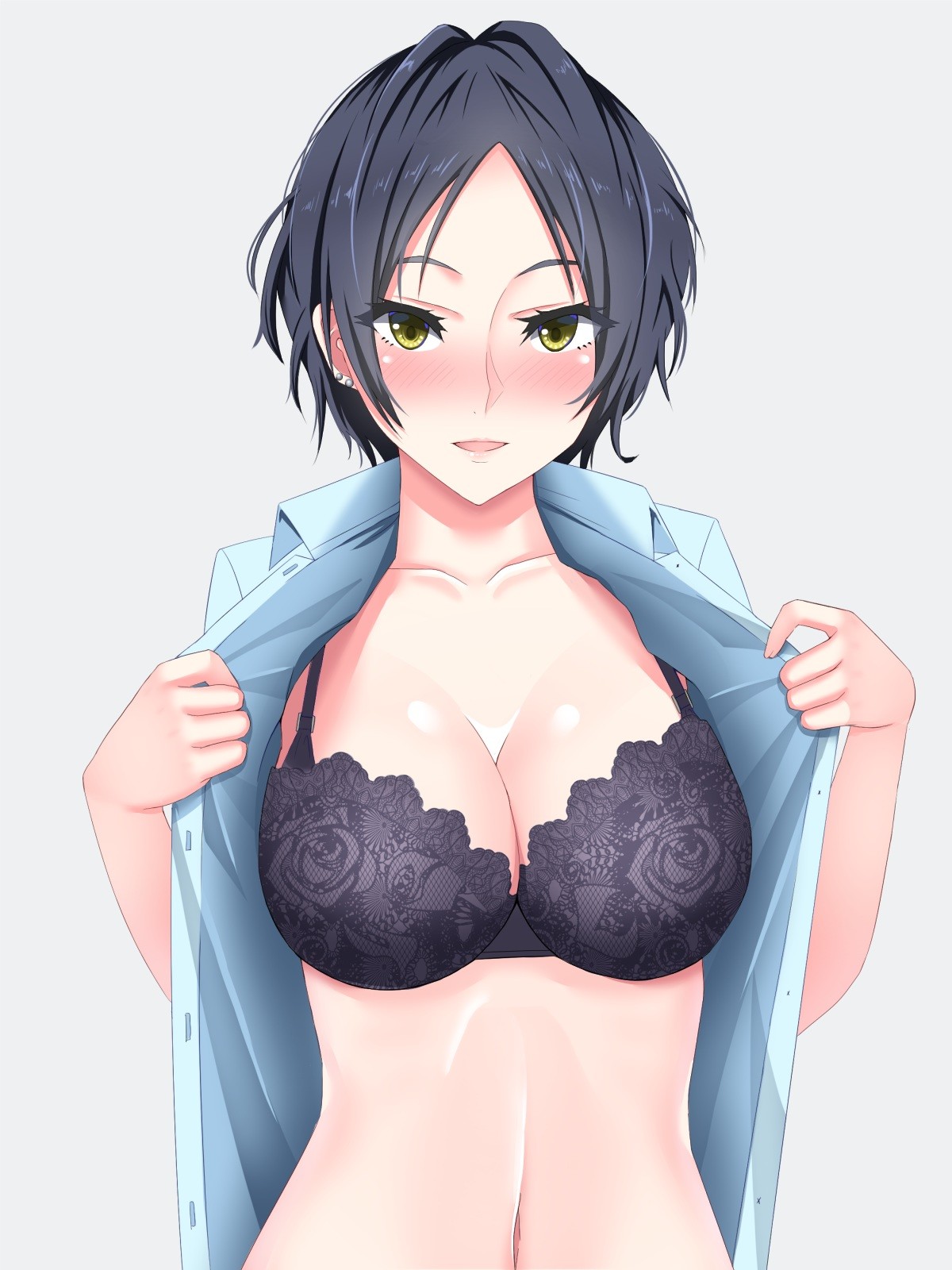 Anime 1200x1600 anime anime girls THE iDOLM@STER THE iDOLM@STER: Cinderella Girls Hayami Kanade bra cleavage open shirt undressing short hair lingerie black lingerie boobs big boobs open clothes women Pixiv