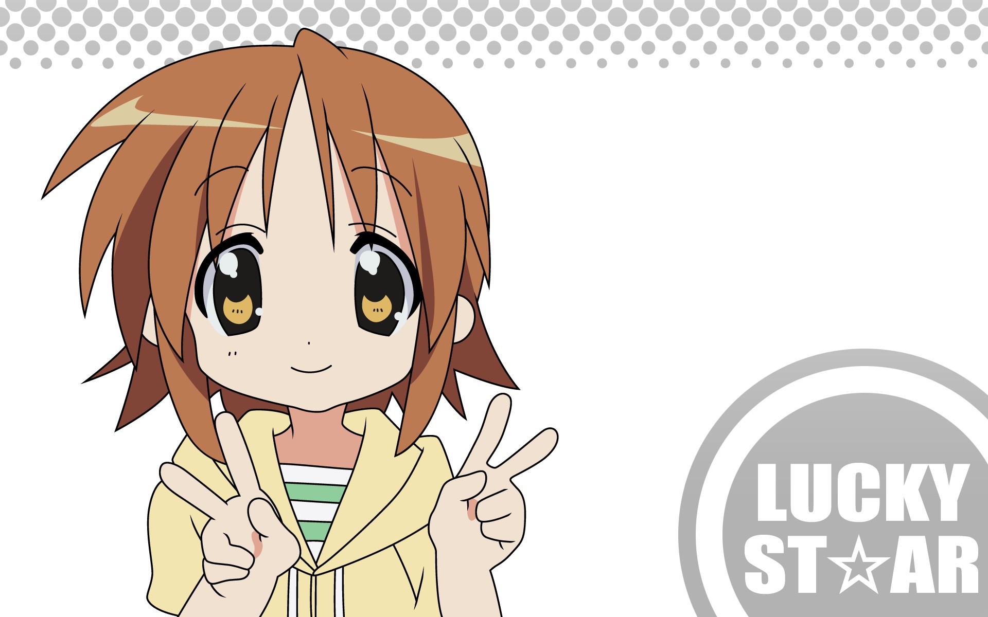 Anime 1920x1200 anime anime girls Lucky Star white background hand gesture victory sign brunette smiling