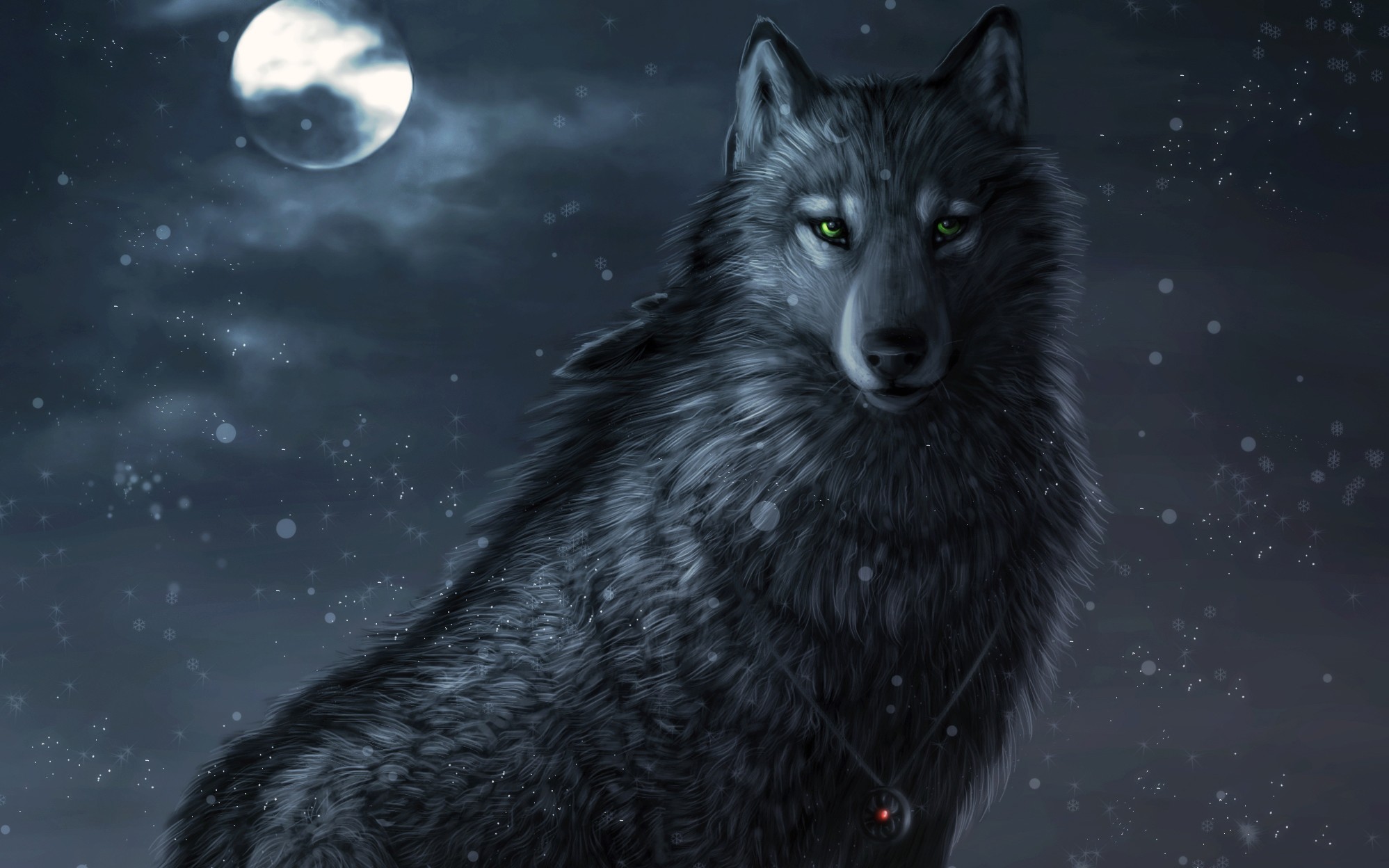 General 1997x1248 wolf animals night creature green eyes Moon fantasy art