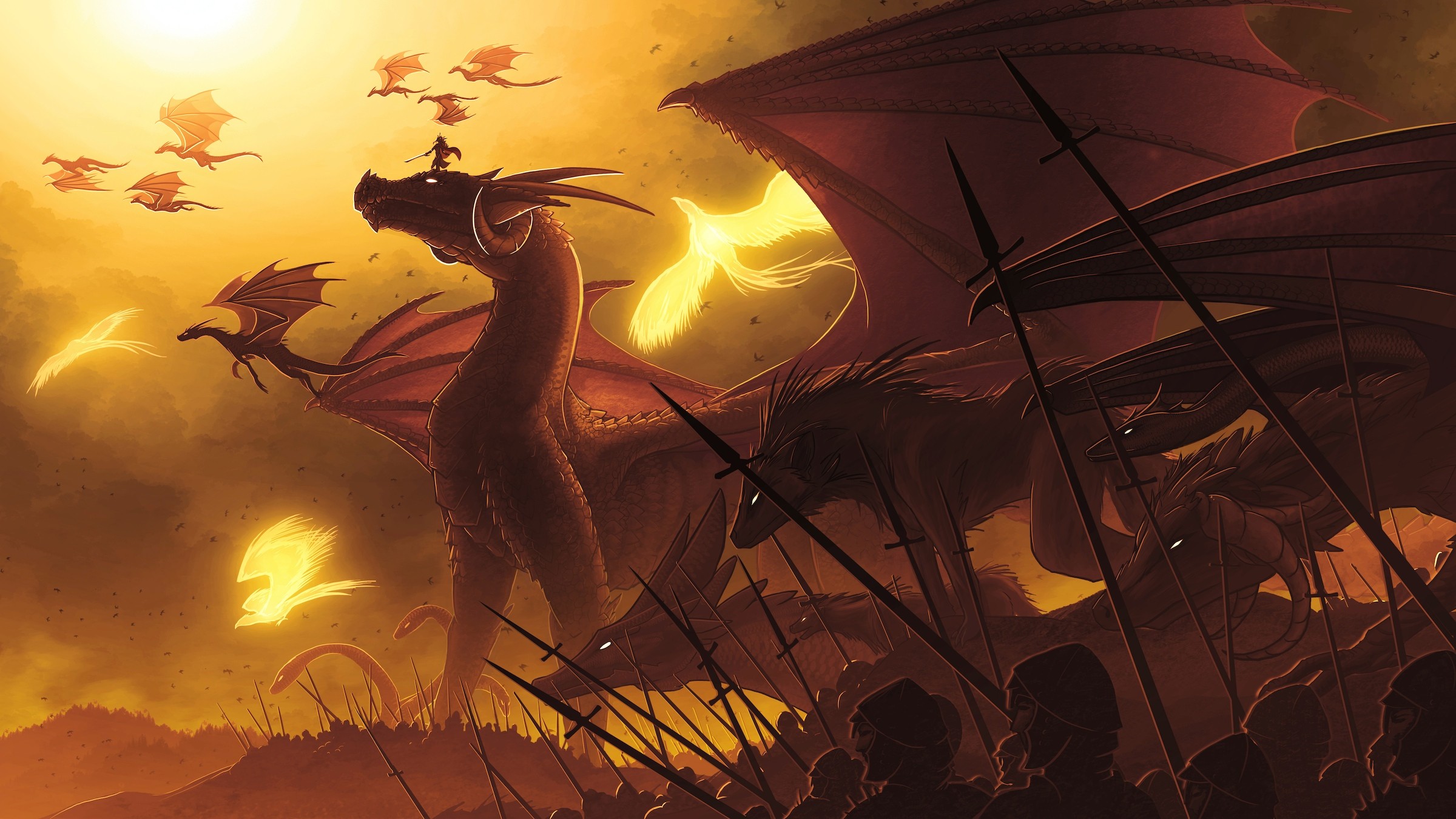 General 2400x1350 digital art fantasy art dragon wings phoenix flying soldier spear war creature DeviantArt