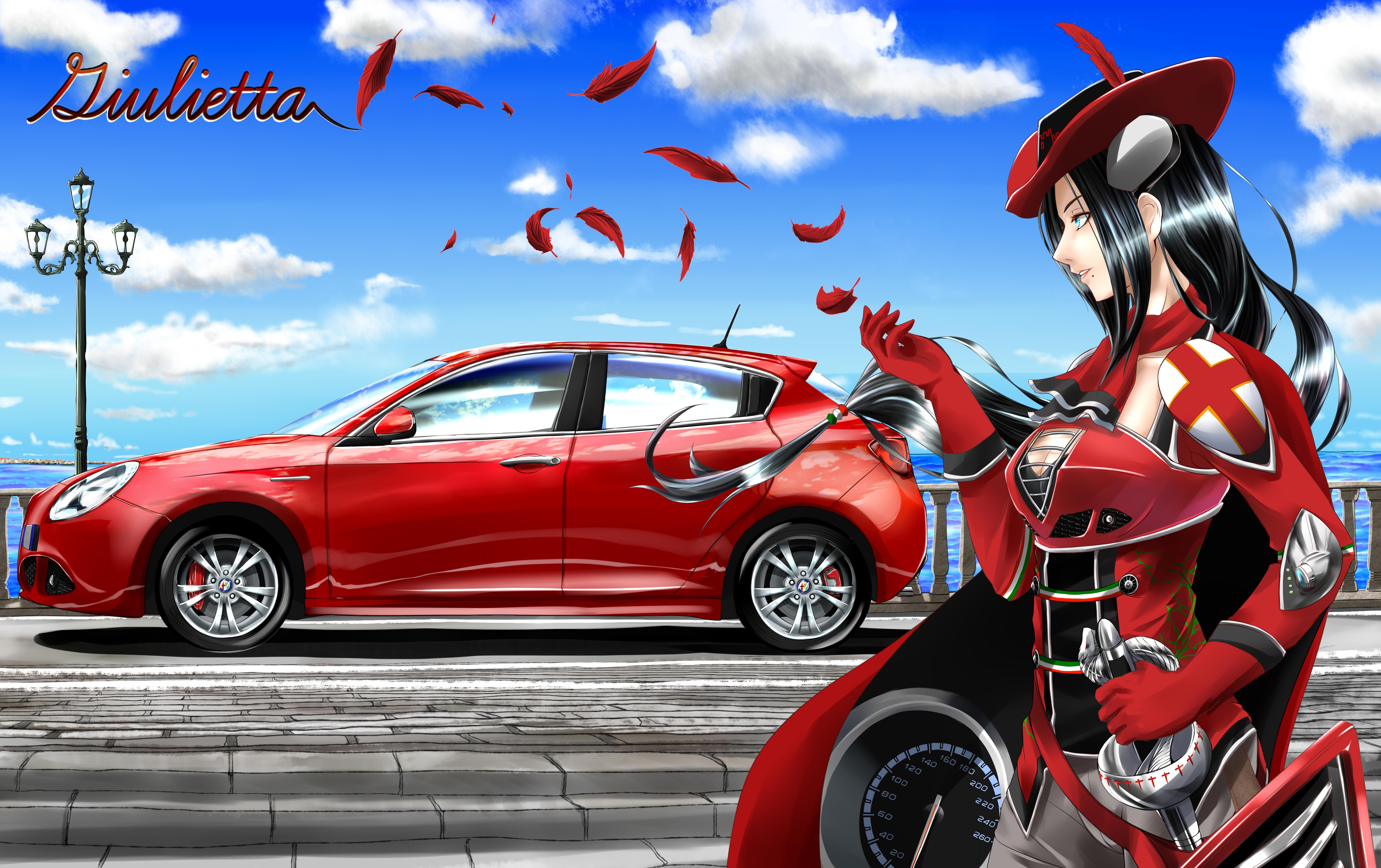 Anime 5580x3508 anime anime girls Alfa Romeo sword long hair car sea sky clouds Pixiv red cars vehicle black hair hat women with hats women with swords