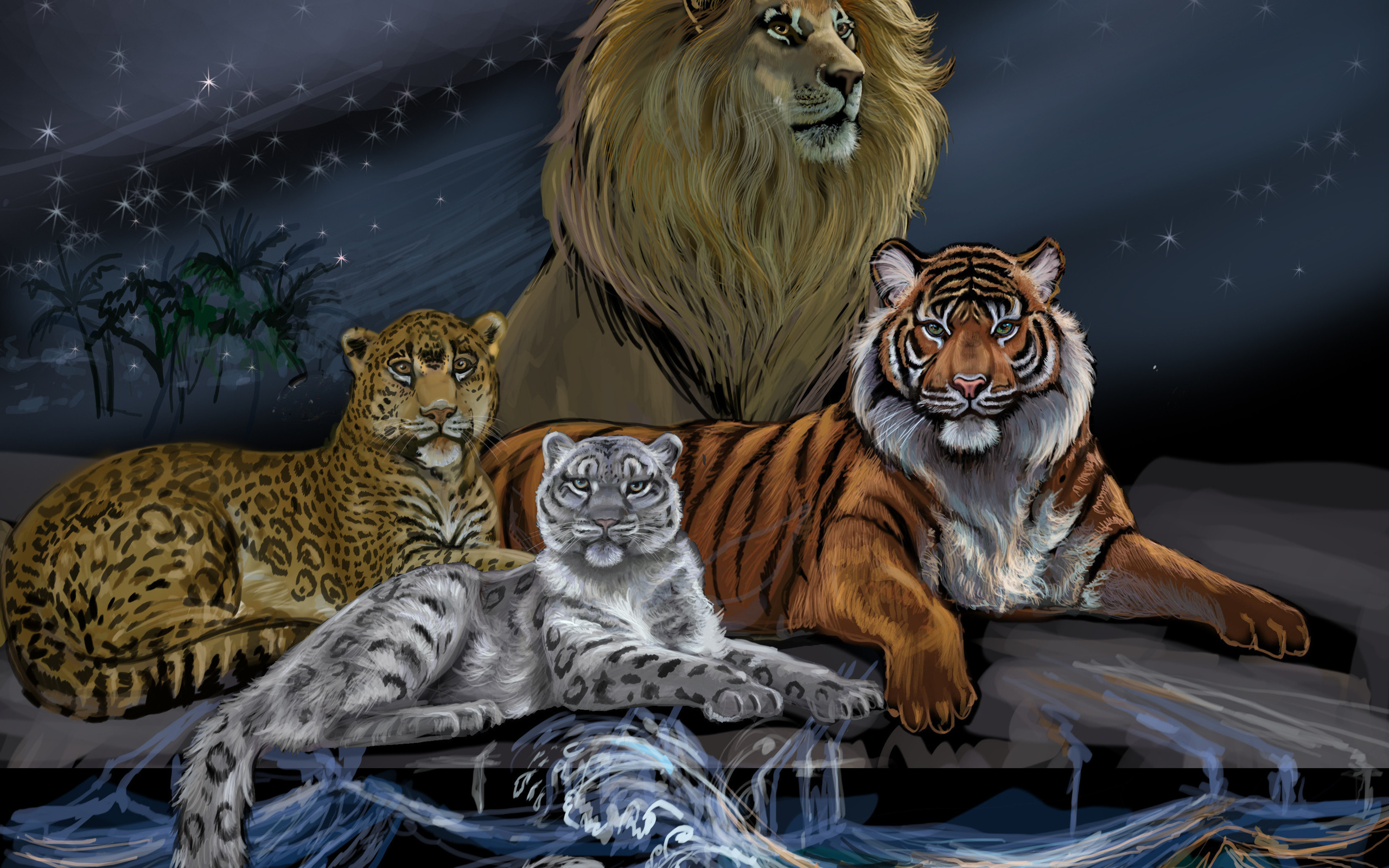 General 2560x1600 lion tiger trees waves artwork digital art leopard snow leopards