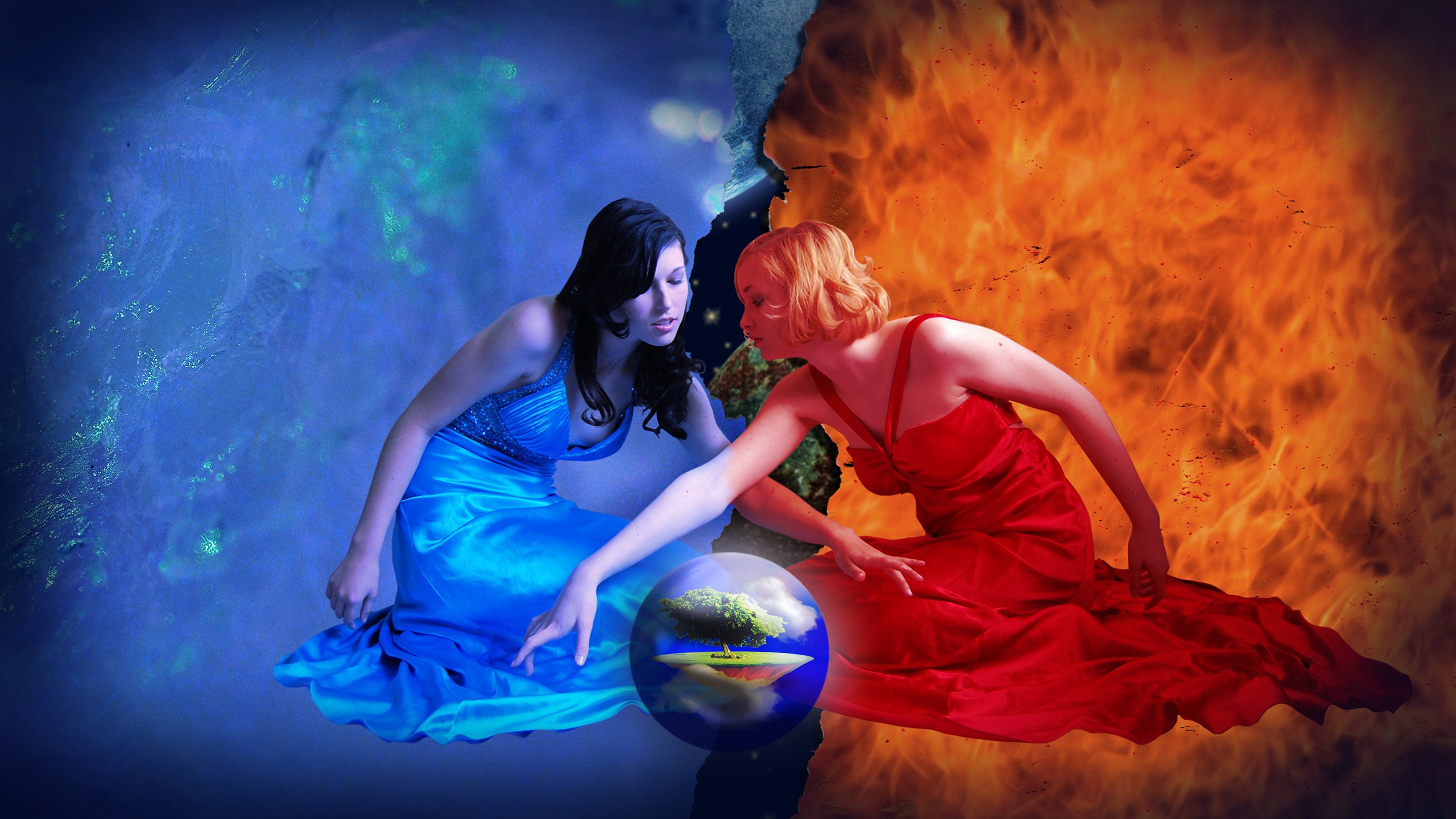 General 2560x1440 women witch water fire elements sphere world digital art