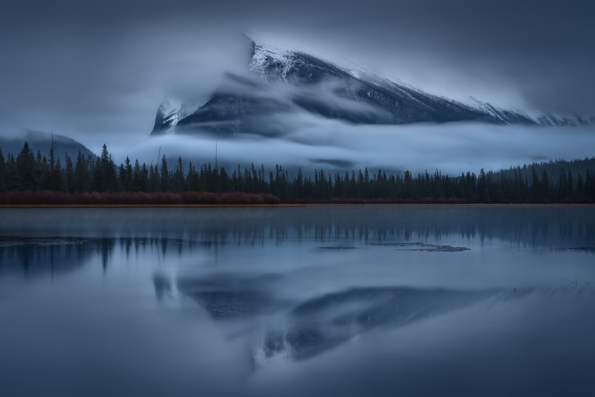 General 2048x1365 nature landscape mountains clouds Alberta Canada lake trees forest water mist reflection long exposure snowy peak Mount Rundle morning Banff National Park