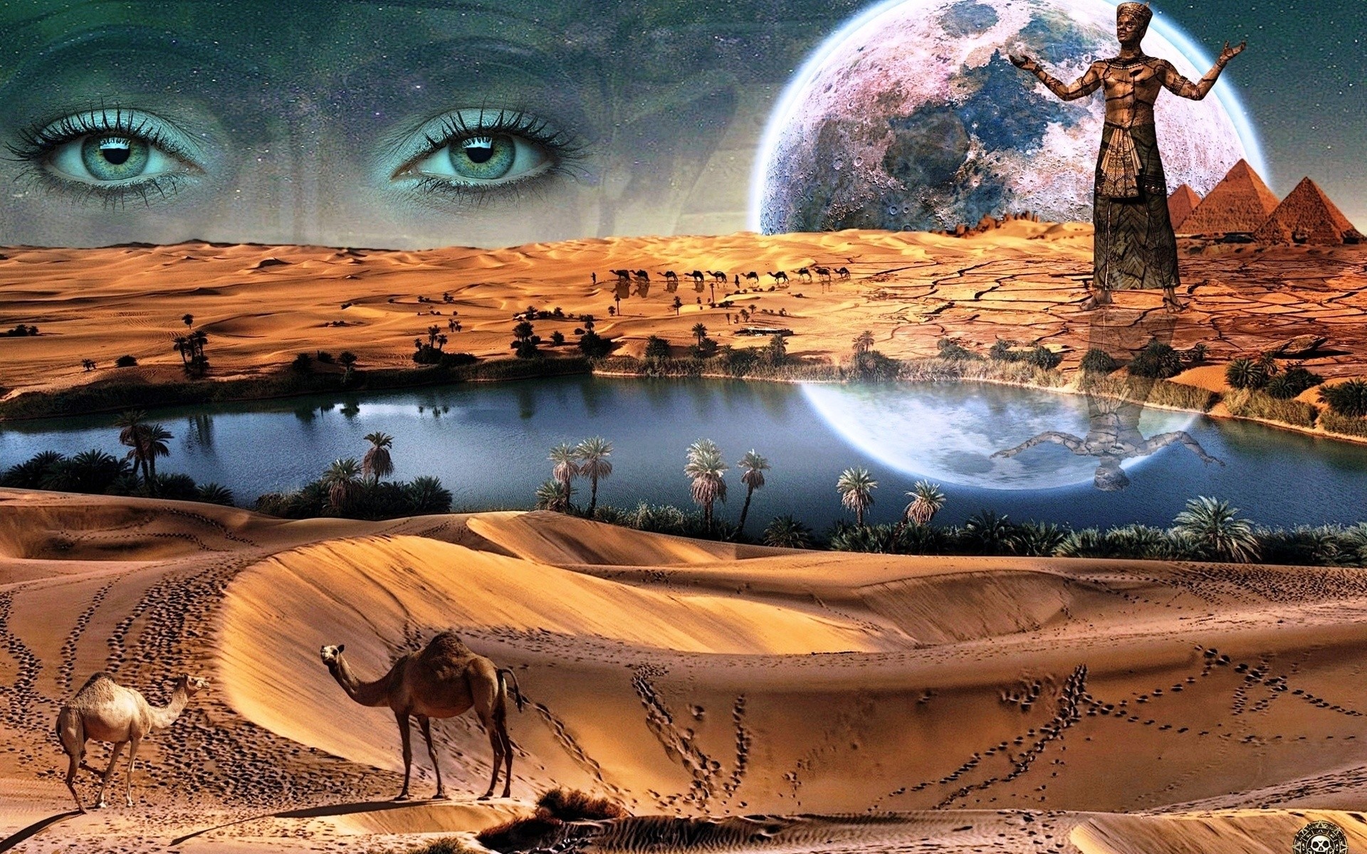 General 1920x1200 eyes planet trees camels water reflection pyramid desert digital art God ancient
