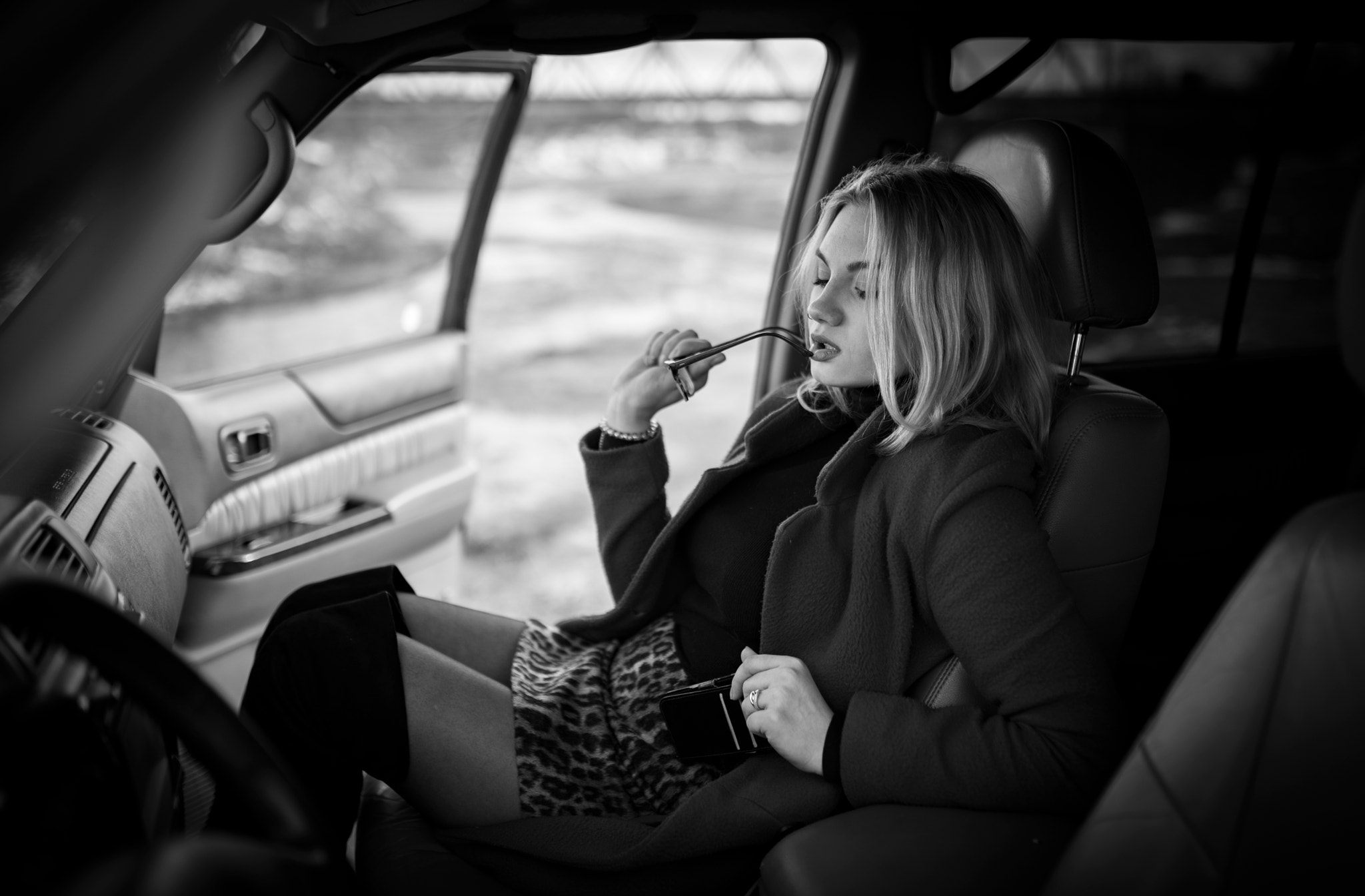 People 2048x1345 Aleksei Gornistov women with cars women black coat knee-high boots car interior glasses