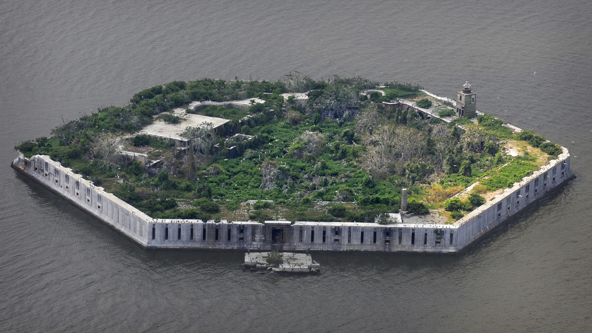 General 1920x1080 architecture island forts fortress sea wall aerial view abandoned overgrown tower plants trees Baltimore USA ancient hexagon Fort Carroll Patapsco River ruins