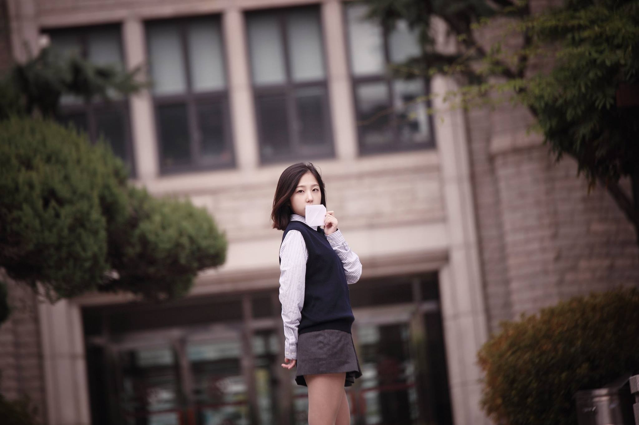 People 2048x1365 Asian model women women outdoors standing school uniform brunette letter