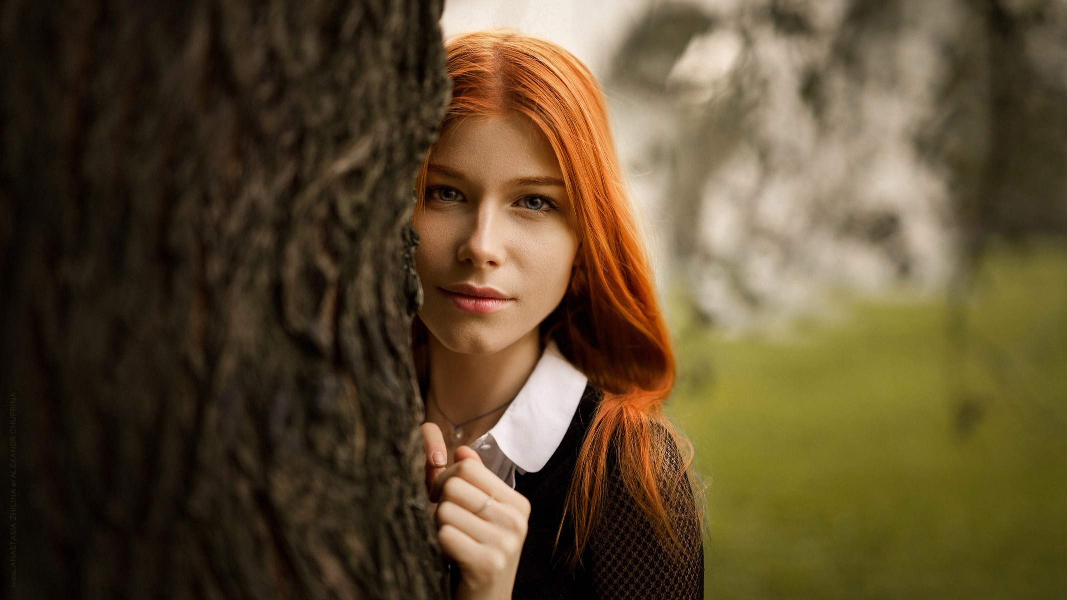 People 2133x1200 women portrait Anastasia Zhilina redhead women outdoors depth of field face trees Alexandr Chuprina outdoors model dyed hair long hair looking at viewer