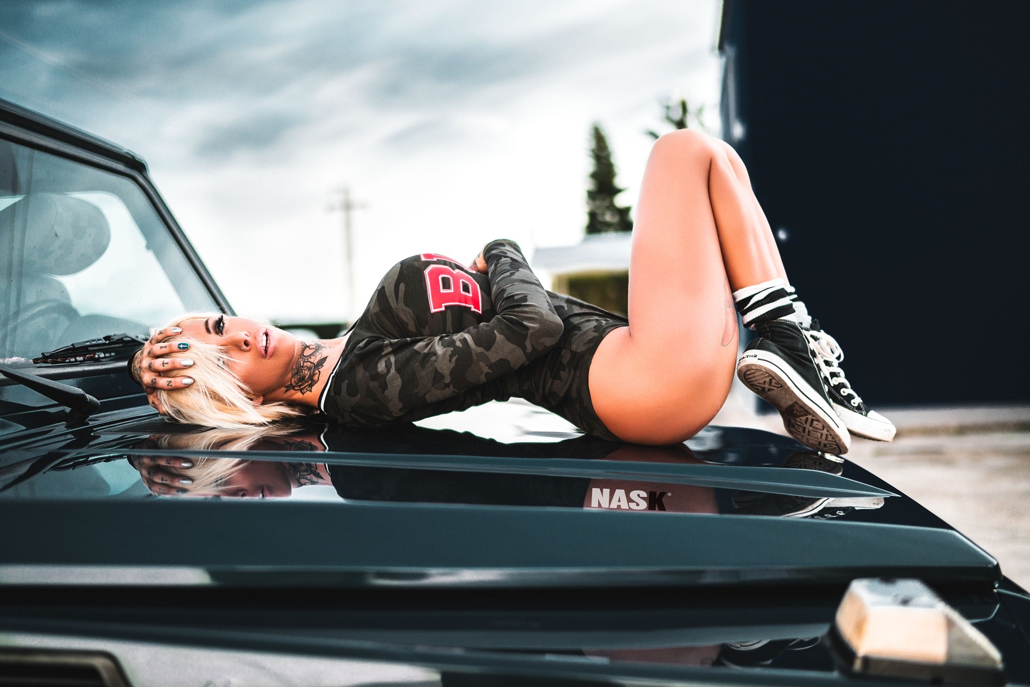 People 2048x1366 women Nask Nach car ass painted nails tanned sneakers leotard tattoo women outdoors reflection Chloe Gimenez women with cars