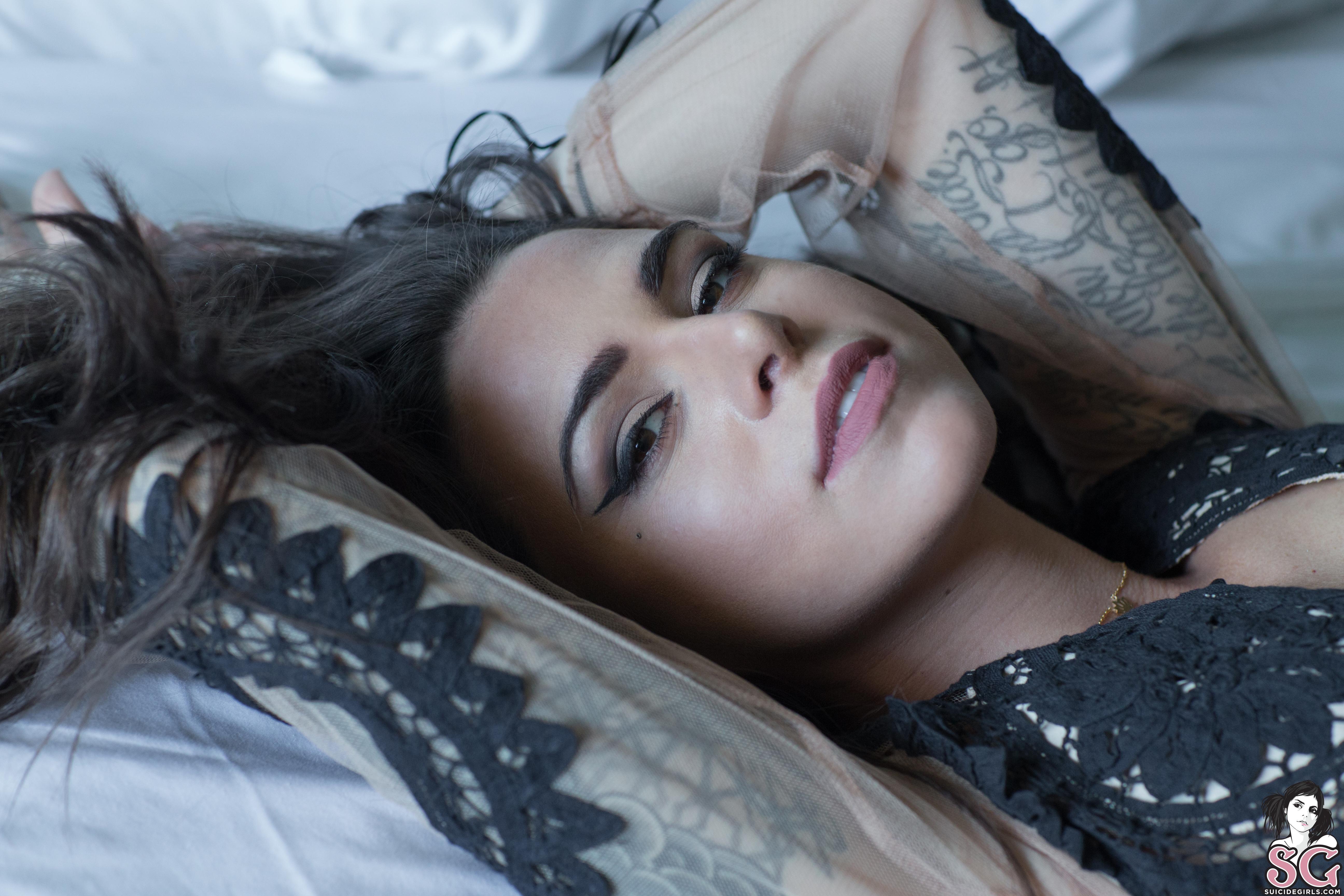 People 5184x3456 Suttin Suicide women model in bed face looking at viewer tattoo Suicide Girls brunette women indoors closeup watermarked
