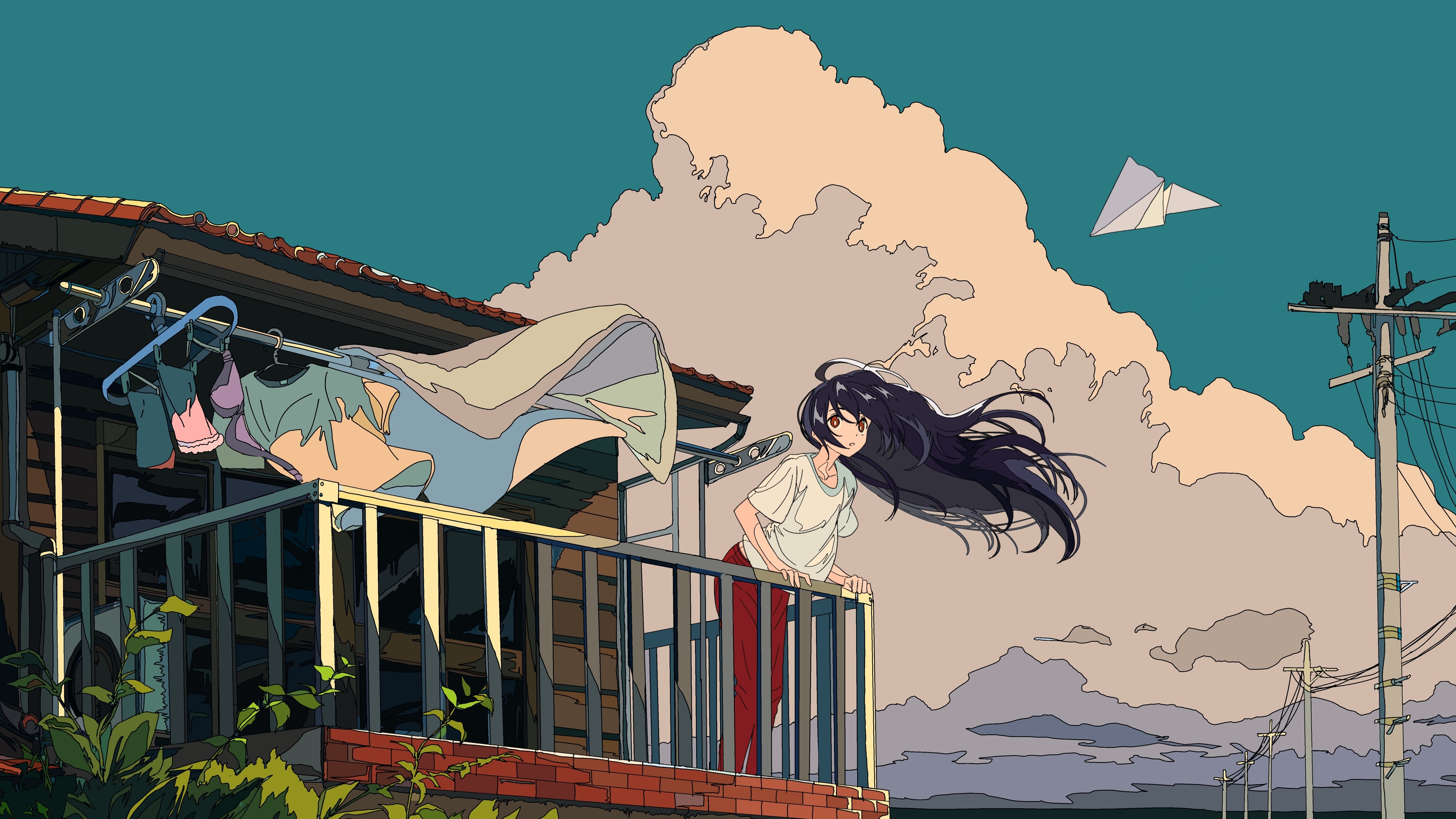 Anime 3888x2187 clouds sky cloth building balcony anime girls artwork Cogecha