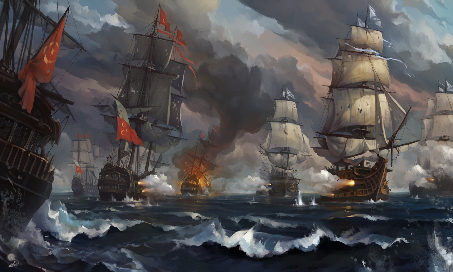 General 1920x1154 Igor Artyomenko digital art sea ship water waves Ottoman Empire battle