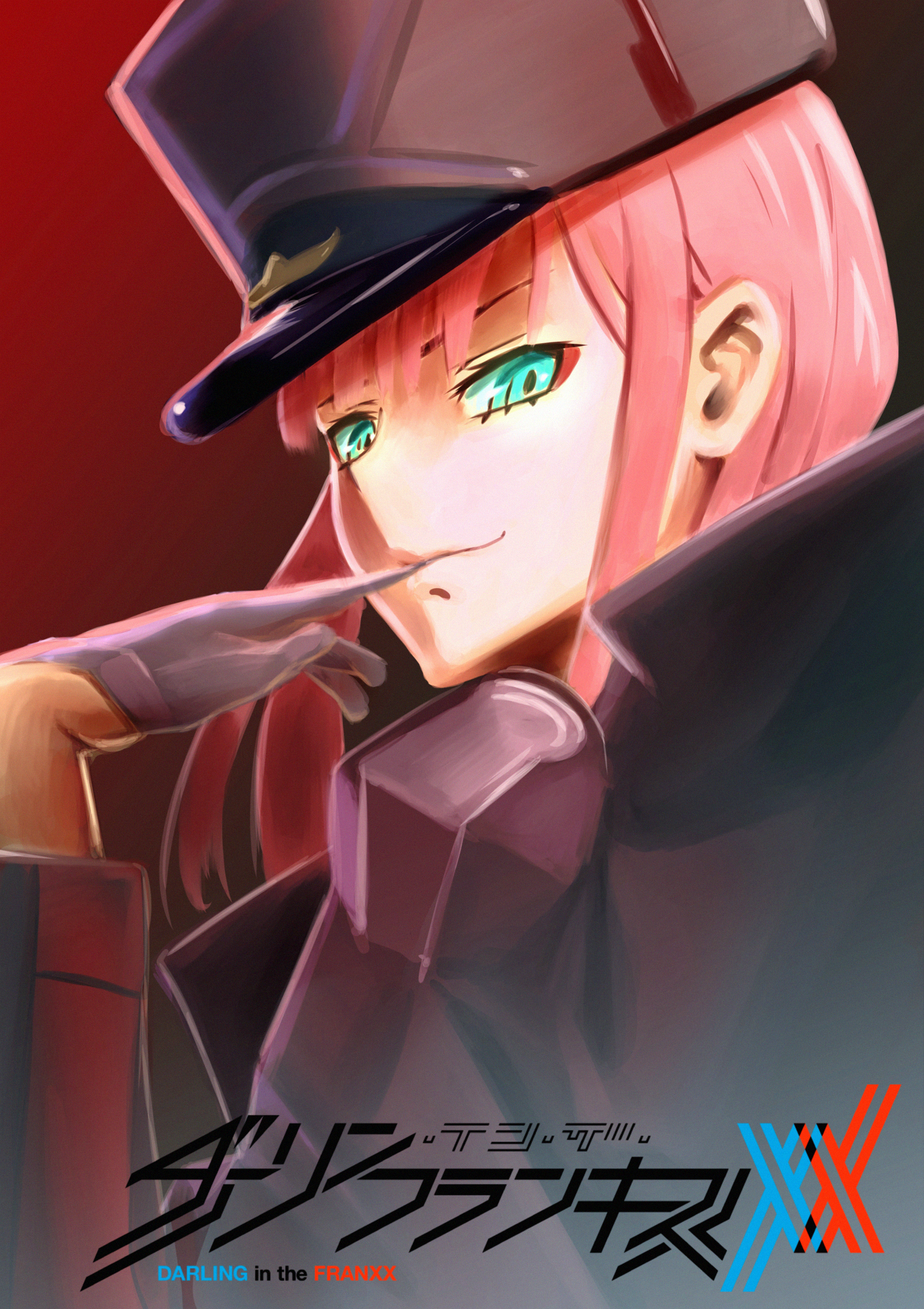 Anime 1765x2500 Darling in the FranXX anime girls long hair pink hair blunt bangs finger in mouth 2D white gloves female soldier anime aqua eyes military uniform green eyes looking at viewer fan art smiling portrait display hair in face Zero Two (Darling in the FranXX)
