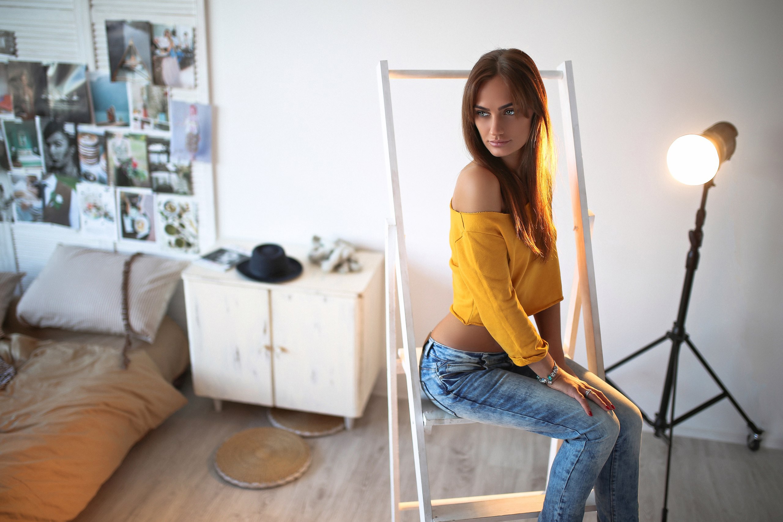 People 2560x1707 Aniuta Minailova women tanned portrait sitting belly looking away room red nails pants jeans