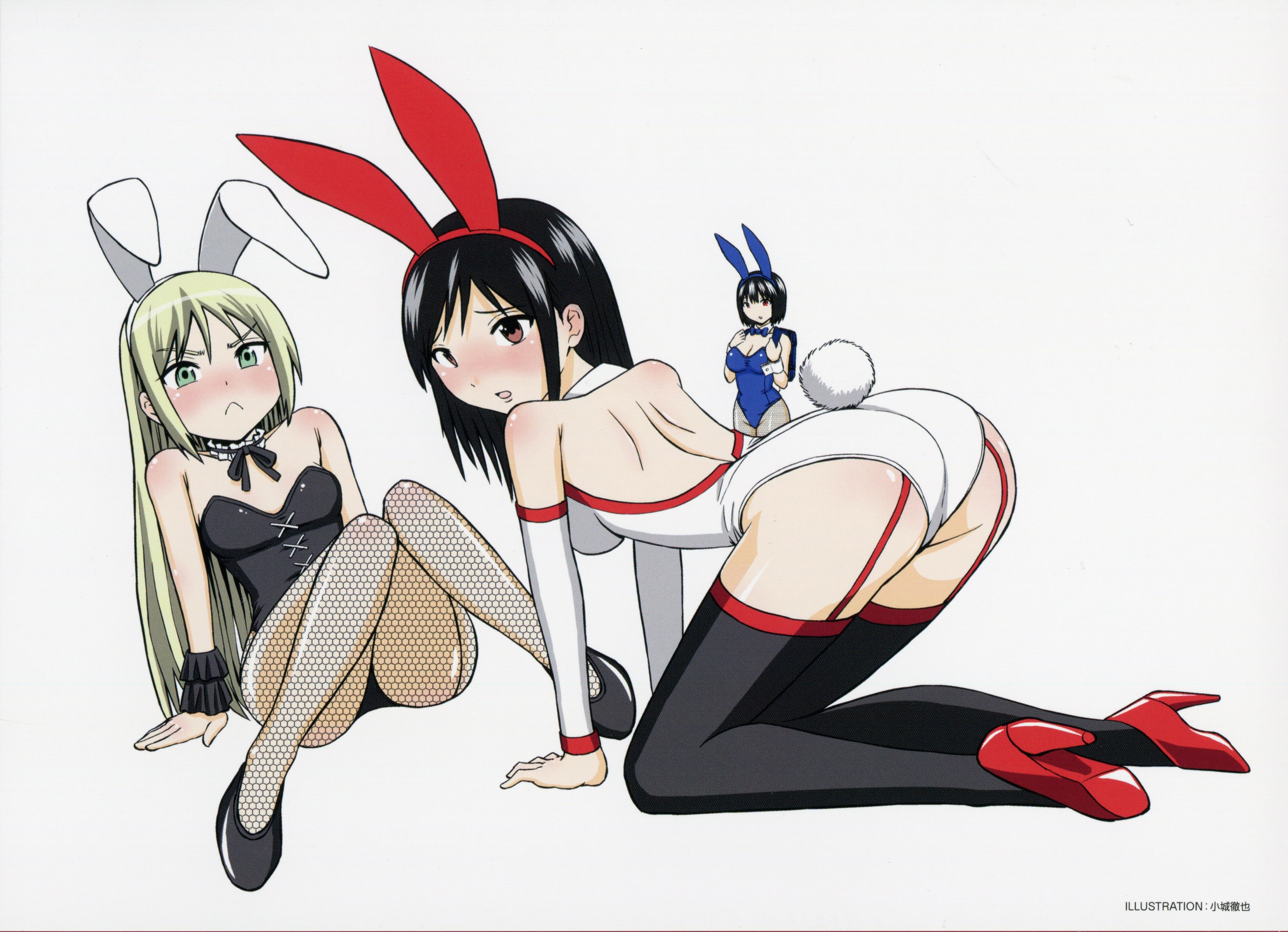 Anime 4275x3094 Mangaka-san to Assistant-san to Ashisu Sahoto Otosuna Mihari anime girls bent over ass sitting black hair heels red heels stockings blonde blushing bunny suit