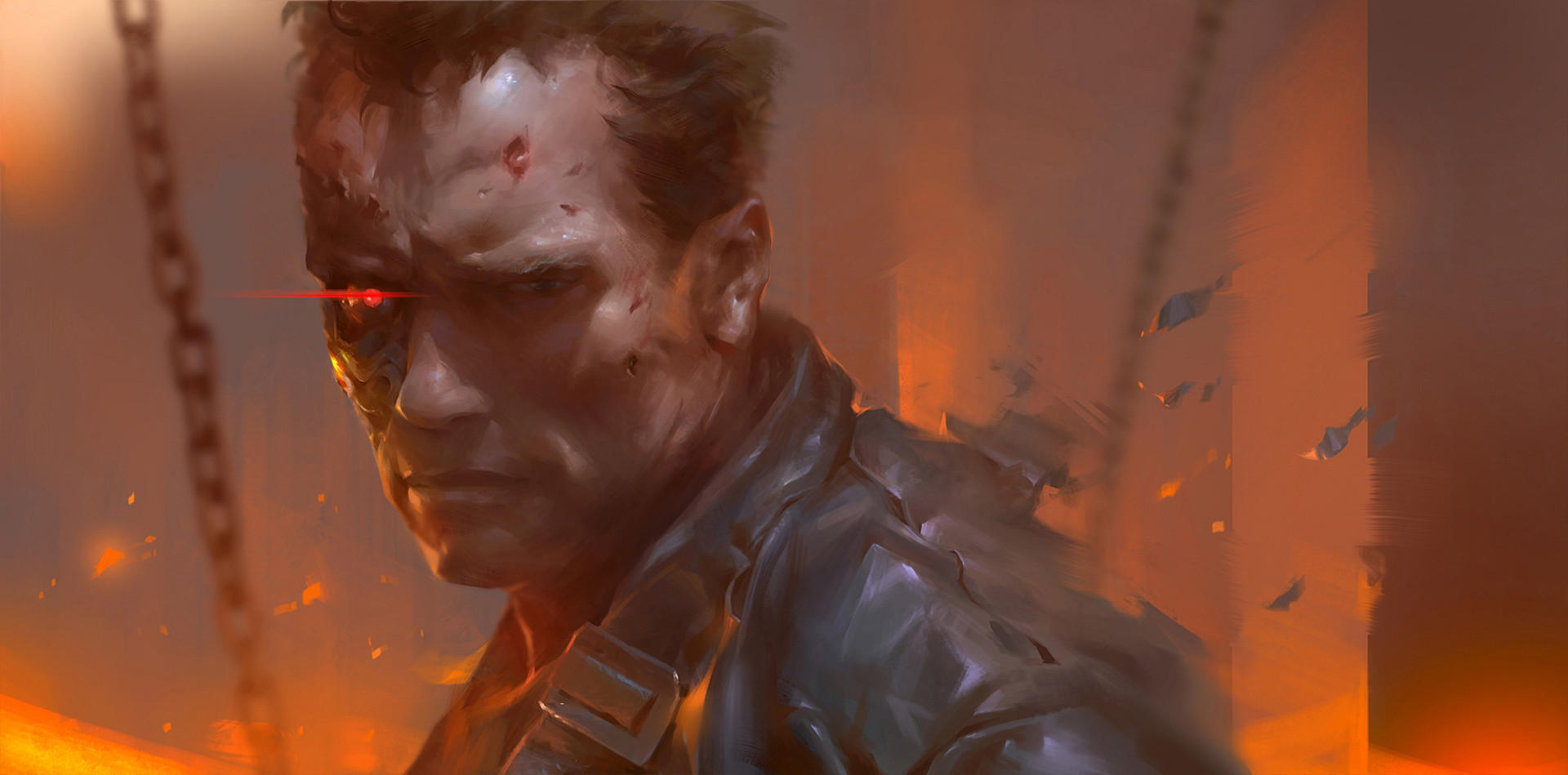 General 1920x949 Terminator 2 T-800 cyborg Arnold Schwarzenegger chains fire drawing science fiction movies men machine red eyes